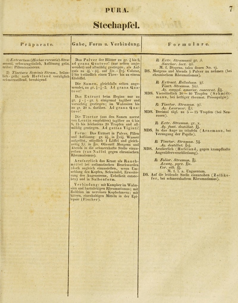 Stechapfel. 1) Extractum {Tlerhae rece?itis) Stra- monii-) sc!nvarz|;riin!icl), Auflösiinjj; gi’ü»? trübe; Pillenconsisteiiz. 2) llnctura Semhtis Strnm.^ brüiin- lieh-jjelh; nacJi H »feiand vorziii*licii sciimerzstilleud, beruhigend. Das Pulver der Blätter zu |:!;r. ^ bis 2, ad s>;rana finatuor! (nur selten ani^e- wendet) und allinäldii:: ^estiej»;en, als Auf- u;ufs zu 9j* ■ *)U' €oIatur, 2 bis 4 stündlich einen TJjee- bis zu einem Efblöftel. Die Samen, gleichfalls selten ange wendet, zu gr. 2. Ad grana U,ua t u o r! Das rr l T Extract beim Beginn nur zu ^ - gr. i. einigemal tagliber um vorsichtig gestiegen; im Waiinsinn bis zu gr. 20 u. darüber. Ad grana Uua- t u o r! I Die Tinctur (aus den Samen zuerst vonLentin empfohlen) tagüber zu G bis S, 1.0 bis höchstens 20 Tropfen und all mälilig gestiegen. Ad guttas Viginti! Form: Das Extract in Pulver, Pillen und Auflösung: gr. iij.. in ^viij. Wasser aufgelöst, stündlich 1 Löffel und gleich- zeitig 5('^- i” Siv. Olivenöl Morgens und Abends in die schmerzhafte Stelle einzu- reiben (van Naffel KJieumatismus). Aeufserlich das Kraut als Rauch- mittel bei asthmatischen Beschwerden (doch sogleich eiuzustellen, wenn Um- neblung des Kopfes, Schwindel, Erweite- rung des Augensterns, Uebelkeit entste- hen) und in'Salbenform. V e r b i n d u n g: mit Kampher im Wahn- sinn und hartnäckigen Rheumatismus; mit Baldrian im nervösen Kopfschmerz; mit bjtrern, eisenhaltigen Mitteln in der Epi- lepsie (Fischer). gegen chronischen Extr. StramonU gr. ß. . ^'accftar. lact. -)ß. M. f. Dispens, tales doses No. vj. DS. Morgens und Abends 1 Pulver zu nehmen (bei chronischem Rheumatismus). 1^ Extract. Belladonn. -)]?. 2'inct. Stramon. ^\\ß. ^ A<j. amjjgd. amarar. concerat. ^ij. MDS. Vierstündlich 30 — 40 Tropfen (Schmidt- mann, bei heftiger rheumat. Prosopalgie). , /i Tinctur. i^tramon. -)ß. ! . Aq. Laurocer. MDS. Dreimal tägl. zu 5 — 15 Tropfen (bei Neu- rosen). El Extr. Stramon. gr.^x. Aq. font. destillfit. MDS. In das Auge zu träufeln (Arnemann, bei Verengung der Pupille). Ei Tinctur. Stramon. 5ij- Aq. destiUat. gvj. MDS. Aeufserlich (Hufeland, gegen krampfhafte Augenliderverschliefsung). El Folior. Stramon. ^j. Axung. pqi'c. giv. Cer. alb. M. f. '1. a. Unguentum. DS. Auf die leidende Stelle eiuzureiben (Zolliko- fer, bei schmerzhaftem Rheumatismus).