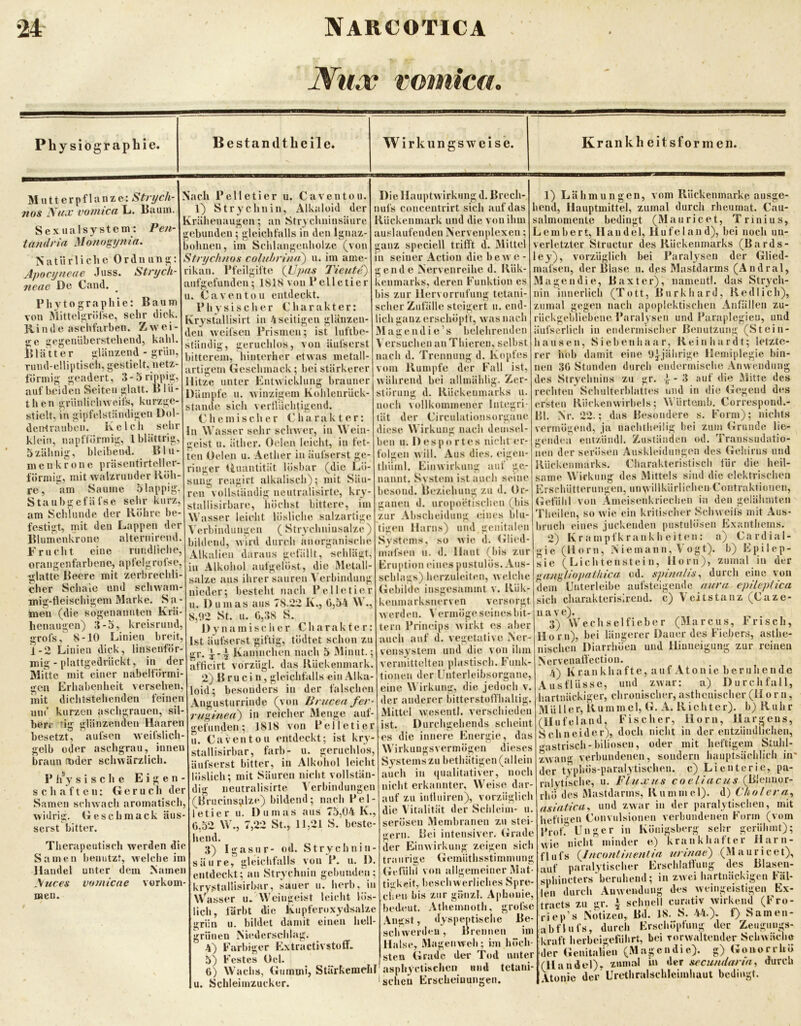 Niix '€omica. Phy siographie. Bestand tbeile. Wirkungsweise. K rank heitsfor men. Mutterpflanze: Stnjch- nos Nuj: voniica L. Baum. Sexualsystem: Pen- tandria Monogynia. Natürliche Ordnunsi:: Apocyneue Juss. Stnjcli- 7ieac De Cand. Phytographie: Baum von Mittelgröfse, sehr dick Rinde aschfarben. Z w e i - ije gegenüberstehend, kahl. 1 ä't t e r glänzend - grün, Tund-elliptiscli, gestielt, netz- förmig geadert, 3-5rippig, avif keiden Seiten glatt. B lü- then grünliclnveifs, knrzge- stielt, in gipfelstäiuligen Dol- deirtranben. Kelch sehr klein, napftörmig, 1 blättrig, Szähnig, bleibend. Blu- me n k r o n c präsentirtcller- förmig, mit walzrniider Riih- re, am Saume blappig. Staubgefäfse sehr kurz, am Schlunde der Röhre be- festigt, mit den Lappen der Blumenkrone alternirend. Frucht eine rundliche orangenfarbene, apfelgrofse glatte Beere mit zerbrechli- cher Schaic und schwam- mig-fleischigem Marke. S a - men (die sogenannten Krä- henaugen) 3-5, kreisrund, grofs,' 8-10 Linien breit 1-2 Linien dick, linsenför- mig - plattgedrückt, in der Mitte mit einer uabclförmi- gen Erhabenheit versehen, mit dichtstehenden feinen nur kurzen aschgrauen, sil- herc flg glänzenden Haaren besetzt. Nach Pelletier u. Caventon. 1) Strychnin, Alkaloid der Krähenaugen; an Strychninsäure gebunden ; gleichfalls in den Ignaz höhnen, im Schlangenbolze (von Sfrycli/ios colubriini) u. im ame- rikan. Pfeilgifte (Vpas Tieute) aufgefunden; 1818 von Pelletier u. Caventon entdeckt. Physischer Charakter: Krystallisirt in 4scitigcn glänzen- den weifsen Prismen; ist luftbe- stäiulig, geruchlos, von äufserst bitterem, hinterher etwas metall- artigem Geschmack; bei stärkerer Hitze unter Entwicklung brauner Dämpfe u. winzigem Kohlenrück- stande sich verflüchtigend. C hemisch c r C ha rak t er: In Wasser sehr schwer, in Wein- u. äther. Oelen leicht, in fet- ten Oeleii u. Acther in äufserst ge- ringer tinantität lösbar (die Lö- sung reagirt alkalisch); mit Säu- ren vollständig neutralisirte, kry- stallisirbare, höchst bittere, im Wasser leicht Verbindungen salzartigi löslielu ( Strychninsalze ) bildend, wird durch anorganiselie Alkalien daraus gefällt, schlägt, in Alkohol aufgelöst, die Metall- t»* r salze ans ihrer sauren’Verbiiulnn nieder; besteht nach Pelletier n. I) um as aus 78.22 K., 0,54 M ., 8,02 St. u. 0,38 S. Dynamische r Charakter: Ist äufserst giftig, tödtet schon zu Kaninchen nach 5 31inut.; ticirt vorzügl. das Rückenmark. 2) B ruci n , gleichfalls ein Alka- loid; besonders in der falschen Angusturrinde (von lirucea fer- H'^ine<i) in reicher Menge auf aufsen weifslich- gelb oder aschgrau, innen braun roder schwärzlich. P li*'y s i s c h e Eigen- schaften: Geruch der Samen schwach aromatisch widrig. Geschmack äus- serst bitter. Therapeutisch werden die Samen benutzt, welche im Handel unter dem Namen ^\uc€S vomicae vorkom men. ^r. Die Hauptw irkung d. Brech- nufs concentrirt sicli auf das Rückenmark und die von ihm auslaufendeu Nervenplexen; ganz speciell trifft d. 31ittel in seiner Actiou die bew e- gende Nervenreihe d. Rük- kenmarks, deren Funktion es bis zur Hervorrufung tetani- scher Zufälle steigert u. end- lich ganz erschöpft, was nach Magendie’s belehrenden 4 ersuchen an Thieren, selbst nach d. Trennung d. Kopfes vom Rumpfe der Fall ist, während bei allmählig. Zer- d. Rückenmarks u. noch vollkommener Integri- tät der Circulationsorgane diese Wirkung nach demsel- len u. D(‘sport<‘s nichtcr- folgeii w ill. Aus dies, (‘igen- thüml. Einwirkung auf ge- nannt. Svstem ist auch seine besond. Beziehung zu d. Or- ganen d. uropoetischen (bis zur Abscheidung tünes blu- tigt'ii Harns) und genitalen Systems, so wie d. (Jlied- mafsen ii. d. Haut (bis zur Eruption eines pustulös. Aus- schlags) hcrzuleiten, w eiche (iebilde insgesammt v. Rük- kenmarksnerven versorgt werden. 4 ermögeseinesbit- tern Prineips wirkt cs aber auch auf d. vegetative Ner- vensystem und die von ihm sr 1) Lähmungen, vom Rückeninarke ausge- hend, Hauptmittel, zumal durch rheumat. Cau- salmomente bedingt (Mauricet, Trinius, Lembert, Handel, Hufei and), bei noch un- verletzter Structur des Rückenmarks (Bards- ley), vorzüglich bei Paralysen der Glied- mafsen, der Blase n. des Mastdarms (Andral, Magen die, Baxter), nameutl. das Strych- nin innerlich (Tott, Burkhard, Redlich), zumal gegen nach apoplektischen Anfällen zu- rückgebliebene Paralysen und Paraplegieu, und äufserlich in endermischer Benutzung (Stein- hausen, Sich e n h a a r, Reinhardt; letzte- rer hob damit eine O^jährige Hemiplegie bin- nen 30 Stunden durch endermisehe Anwendung des Strychnins zu gr. ^ - 3 auf die 3iittc des rechten Schulterblattes und in die Gegend des ersten Rückenwirbels; 4\ ürtemb. Correspond.- Bl. .Nr. 22.; das Besondere s. Form); nichts ja nachtheilig bei zum Grunde lie- entziindl. Zuständen od. Transsudatio- nen der serösen Auskleidungen des Gehirns und Rückenmarks. (■harakteristisch für die heil- same Wirkung des Mittels sind die elektrischen Erschütterungen, un\villkürlichen Contraktionen, Gefühl von Ameisenkriechen in den gelähmten Theilen, so w'ie ein kritischer Schweifs mit Aus- bruch eines juckenden pustulösen Exanthems. 2) K r a m pfk ran k h c it<*n : a) Cardial- .N ‘ ^ ■ lep- der vermögend, genden gie (Horn, N iemann, 4'ogt) gefunden; 1818 von Pelletier u. Caventon entdeckt; ist kry- stallisirbar, färb- u. geruchlos, äufserst bitter, in Alkohol leicht löslich; mit Säuren nicht vollstän- dig neutralisirte 4'erbindungen (Rrucinsglze) bildend; nach Pel- letier u. Dumas aus 75,04 K., 0,52 W., 7,22 St., 11,21 S. beste- hend. 3) Igasur- od. Strychnin- säure, gleichfalls von P. n. D. entdeckt; an Strychnin gebunden; krv)!itallisirl>ar, sauer u. herb, in 4Vasser u. 44’eingeist leicht lös- lich, färbt die Kupferoxydsalzc grün u. bildet damit einen hell- grünen Niederschlag. 4) Farbiger Extractivstoff. 5) Festes Del. 0) 4Vachs, Gummi, Stärkemehl u. Schleimzucker. cermittelten plastisch. Funk- tionen der Unterlcibsorgane, eine Wirkung, die jedoch v. der anderer bitterstoflhaltig. Mittel w’esentl. verschieden ist. Durchgehends scheint es die innere Energie, das 44'irkungsvermögen dieses .S3'stemszu bethätigen (allein auch in qualitativer, noch nicht erkannter, 4Veise dar- auf zu intliiiren), vorzüglich die 4 italität der Schleim- u. serösen Membranen zu stei- gern. Bei intensiver, (irade der Einwirkung zeigen sich traurige Gemüthsstimmung Gefühl von allgemeiner iMat- tigkeit, beschwerliches Spre- clicn bis zur gänzf. Aphonie, bedeut, .\themnoth. grofse Angst, dyspeptische Be- schwerden , Brennen im Halse, .Magenweh; im höch sten Grade der Tod unter asphyctischeii und tetani- I scheu Erscheinungen. b) E p i sie (Lieh teil stein, Horn), zumal in od. sjn/in/ts^ durch eine von dem Unterleibe aufsteigendc aura epileplica sich charakterislrend. c) Veitstanz (Caze- nave). 3) Wech selfiebe r (3Iarcus, h risch, Horn), bei längerer Dauer des Fiebers, asthe- nischen Diarrhö'eu und lliuneigung zur reinen Nerveuaftection. .^) Krankhafte, auf Atonic beruhende Ausflüsse, und zwar; a) Durchfall, hartnäckiger, chronischer, asthenischer (H o r n, Müller, Rummel, G. A. Richter), b) Ruhr (Hufeland, Fischer, Horn, Hargens, Schneider), doch nicht in der entzündlichen, gastrisch-biliösen, oder mit heftigem Stuhl- zwaii^ verbundenen, sondern hauptsächlich in* der typhös-paralytischen, c) Licnterie, pa- ralytische, u. Fluxus coeliacus (lilennor- rhö des iMastdarms, Rummel). A) Cholera., nsititicuj und zwar in der paralytischen, mit heflien Convulsionen verbundenen Form (vom ProtfUnger in Königsberg sehr gerühmt); wie nicht minder e) krankhafter Harn- flufs {Incontinentia urinae') (iMauricet), •luf paralytischer Erschlaffung des Blasen- sphincters'beruhend; in ZAvei hartnäckigen Fäl- len durch Anwendung des Aveingeistigen Ex- tracts zu gr. ^ schnell curativ wirkend (Fro- liep’s Notizen, Bd. 18. S. 44.). f) Samen- abflufs, durch Erschöpfung der Zeugungs- kraft herbeigetÜhrt, bei Torwalteuder Schwächo der Genitalien (M a g c n d i e). g) G o n o r r h ö (Handel), zumal in der secundana, durch Atonic der Urethralschleimhaut bedingt.