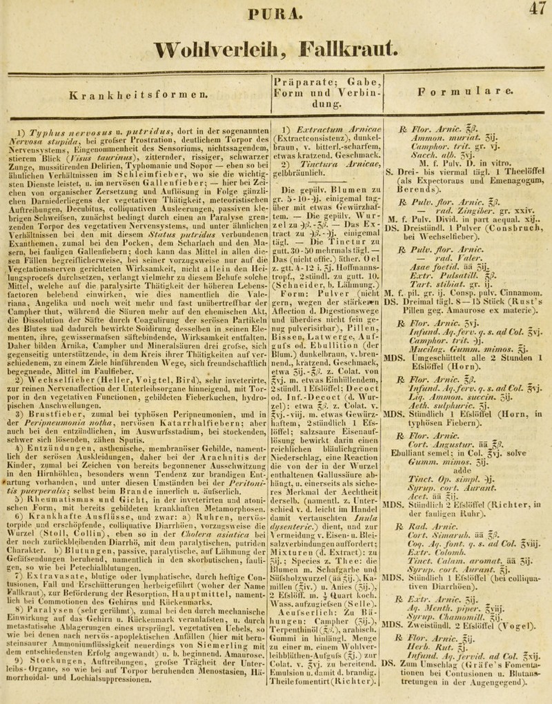 Wohlverleih, Fallkraiit. Krankheitsformen. 1) Typhus nervosus u. putridus, dort in der sogenannten Nervosa stupidn, bei grofser Prostration, deutlichem Torpor des Nerveusvsteins, Eingeuoimneuheit des Sensoriums, niclitssagendem, stierem 'Blick {Jlsus taurinus')^ zitternder, rissiger, schwarzer Zunge, mussitirenden Delirien, Typhomanie und Sopor — eben so bei ähnlichen Verhältnissen im Schleimfieber, wo sie die wichtig- sten Dienste leistet, u. im nervösen Gallenfieber; — hier bei Zei- chen von organischer Zersetzung und Auflösung in Folge gänzli- chen Darniederliegens der vegetativen Thätigkeit, meteoristischen Auftreibungen, Decubitus, colliquativen Ausleerungen, passiven kle- brigen Schweifsen, zunächst bedingt durch einen an Paralyse gren- zenden Torpor des vegetativen Nervensystems, und unter ähnlichen Vcrliältnisseu bei deti mit diesem Status putridus verbundenen Exanthemen, zumal bei den Pocken, dem Scharlach und den Ma- sern, bei fauligen Gallenlicbcrn; doch kann das Mittel in allen die- sen Fällen begreiflicherweise, bei seiner vorzugsweise nur auf die .Vegetationsnerven gerichteten Wirksamkeit, nicht allein den llei- lungsprocefs durchsetzen, verlangt vielmehr zu diesem Behufe solche Mittel, welche auf die paral}'sirte Thätigkeit der höheren Lebens- factoren belebend einwirken, wie dies namentlich die Vale- riana, Angelika und noch weit mehr und fast uniibertretfbar der Campher thut, während die Säuren mehr auf den chemischen Akt, die Dissolutiüu der Säfte durch Coagulirung der serösen Partikeln des Blutes und dadurch bewirkte Soidirung desselben in seinen Ele- menten, ihre, gewissermafsen säftebindende, Wirksamkeit entfalten. Daher bilden Arnika, Campher und Mineralsäuren drei grofse, sich gegenseitig unterstützende, in dem Kreis ihrer Thätigkeiten auf ver- schiedenem, zu einem Ziele hinfUhrendeii Wege, sich freundschaftlich begegnende, Mittel im Faulfieber. 2) Wechselfieber (Heller, Voigtei, Bird), sehr inveterirte, zur reinen Nervenalfection der Unterleibsorgane hinneigend, mit Tor- por in den vegetativen Functionen, gebildeten Fiebertuchen, hydro- pischen Anschwellungen. 3) Brustfieber, zumal bei typhösen Peripneumonien, und in der Pertpneumonia ?wtha^ nervösen Katarrhalfiebern; aber auch bei den entzündlichen, im Auswurfsstadium, bei stockenden, schwer sich lösenden, zähen Sputis. 4) Entzündungen, asthenische, membranöser Gebilde, nament- lich der serösen Auskleidungen, daher bei der Arachnitis der Kinder, zumal bei Zeichen von bereits begonnener Ausschwitzung in den Hirnhöhleu, besonders wenn Tendenz zur brandigen Ent-^ • artung vorhanden, und unter diesen Umständen bei der Peritoni- tis puerperalis; selbst beim Brande innerlich u. äufserlich. 5) Rheumatismus und Gicht, in der inveterirten und atoni- schen Form, mit bereits gebildeten krankhaften Metamorphosen. 0) Krankhafte Ausflüsse, und zwar: a) Rühren, nervös- torpide und erschöpfende, colli(juative Diarrhöen, vorzugsweise die Wurzel (Stoll, Collin), eben so in der Cholera asiatica bei der noch zurückblqibenden Diarrhö, mit dem paralytischen, putriden Charakter, b) Blutungen, passive, paralytische, auf Lähmung der Geläfseiidungen beruhend, namentlich in den skorbutischen, fauli- gen, so wie bei Petechialblutungen. 7) Extravasate, blutige oder lymphatische, durch heftige Con- tusionen, Fall und Erschütterungen herbeigeführt (woher der Name Vallkraut), zur Beförderung der Resorption, Haupt mittel, nament- lich bei Commotionen des Gehirns und Rückenmarks. (sehr gerühmt), zumal beiden durch mechanische Einwirkung aut das Gehirn ii. Rückenmark veranlafsten, u. durch metastatis<*he Ablagerungen eines ursprüngl. vegetativen Uebels, so wie bei denen nacli nervös - apoplektischen Anfällen (hier mit beru- steinsaurer Ammoniumtlüssigkeit neuerdings von Siemerling mit dem entschiedensten Erfolg angewandt) u. b. beginnend. Amaurose. y) Stockungen, Auftreibungen, grofse Trägheit der Unter- leibs-Organe, so wie bei auf Torpor beruhenden iMenostasien, llä- morrhüidal- und Lochialsuppressionen. Präparate; Gabe, Form und Verb in düng. Formulare. 1) E.vtrnctuni Arnicne (Extractconsistenz), dunkel- braun, V. bitterl.-scharfem, etwas kratzend. Geschm.aek. 2) Tinctura Arnicae, gelbbräunlich. Die gepülv. Blumen zu gr. 5-lU-:)j. einigemal tag- über mit etwas Gewürzhaf- tem. — Die gepülv. W^ur- zel zu -5i^* * — tract zu einigemal tägl. — Die T i n c t u r zu glitt. 30-50 mehrmals tägl. — Das (nicht oftic.) äther. Del z. gtt. 4-12 i. ,sj. Hoflinanns- tropf., 2stündl. zu gutt. 10. (Schneider, b. Lähmung.) Form: Pulver (nicht gern, wegen der stärkeren Aflection d. Diges^tionsAvege und überdies nicht fein ge- nug pulverisirbar), Pillen, Bissen, L a t av e r g e, A u f- gufs od. Ebullition (der Blum.) dunkelbraun, v. bren- nend., kratzend. Geschmack, etwa Colat. von ^A'j. m. etAvas Einhüllendem, 2stündl. lEfslöflel; Decoct od. Inf.-D^coct (d. AVur- zel): etwa z. Colat. a*. §yj.-viij. m. etwas GeAvürz- haftem, 2stündlich 1 Efs- löffel; salzsaure Eisenauf- lösung beAvirkt darin einen reichlichen bläulichgrünen Niederschlag, eine Reaction die von der in der Wurzel enthaltenen Gallussäure ab- hängt, u. einerseits als siche- res Alerkmal der Aechtheit derselb. (namentl. z. Unter-' schied v. d. leicht im Handel damit vertauschten Inula di/setiteric.') dient, und zur A ermeidung a'. Eisen- ii. Blei- salzverbindungen auffordert; Mixturen (d. Extract): zu ^ij.; Species z. Thee: die Blumen m. Schafgarbe und Süfsholz^Avurzel (ää ^;ij.)s Ka- millen (,^iv.) u. Anies (S'j*)? 2 Efslöff. m. ^ Huart koch. AVass. aufzugieCsen (Seil e). Acufseriieh: Zu Bä- hungen: ('ampher (SÜ-)? Terpenthinöl arabisch. Gummi in hinlängl. Älengc zu einer m. einem AVyhlver- leihblüthen-Aufgufs (,^j.) '/-iir Colat. \. ^aJ. zu bereitend. Emulsion u. damit d. brandig. Thcile fomentirt (Ri c h t c r). ii. Flor. Arnic. ^ß. Anmion. murint. 5'j; Camphor. trit. gr. aj. Sacch. alh. 5vj. AI. f. l’ulv. 1). in vitro. S. Drei- bis viermal tägl. 1 Tlieelöffel (als Expectoraus und Emenagogum, B e r e n d s). Pulv. flor. Arnic. ^ß. — rad. Zinf^iher. gr. xxiv. M. f. Pulv. Divid. in part aequal. xij.. DS. Dreistüiull. 1 Pulver (Consbruch, bei AVechseltieber). R Pulv. flor. Arnic. — rad. Valer. Asae foetid. üä 5iii Extr. Pulsatill. ^ß. Tart. stihiut. gr. ij. |M. f. pil. gr. ij. Consp. pulv. Cinnamom. DS. Dreimal tägl. 8—15 Stück (Rust’s Pillen geg. Amaurose ex materie). Flor. Arnic. 5vj. Infund. Ay.ferv. y. s. ad Col. 5vj. Camphor. trit. ^j. _ Mucilag. dumm, mimos. gj. AIDS. Umgeschüttelt alle 2 Stunden 1 Efsiöffel (Horn). Flor. Arnic. ^ß. Infund. Ay.ferv. y. s. ad Col. ^ j. Eiy. Ammon, succin. 5ij* Aeth. sulphuric. 5i* AIDS, Stündlich 1 Efsiöffel (Horn, in typhösen Fiebern). ü Flor. Arnic. ^ Cort. Angustiir. ää^g/9. Ebulliant semel; in Col. §vj. solvc Glimm, mimos. 5ij* adde Tinct. Op. simpl. ^j. Syrup. cort. Aurant. Acet. ää gij. AIDS. Stündlich 2 Efsiöffel (Richter, in der fauligen Ruhr). ü Rad. Arnic. _ Cort. Simaruh. ää gf?. _ Coy. Ay. font. y. s. ad Col. 5'bj. Extr. Colomli. Tinct. Cal am. nromat.^^^ 5ü* Syrup. cort. Aurant. gj. AIDS. Stündlich l Efsiöffel (bei colliqua- tiven Diarrhöen). Jh- Extr. Ar nie. 5ij. Ay. Menth, piper. 5yiij. Syrup. Chamomill. gij. AIDS. ZAveistündl. 2 Etslöffel (A' ogel). ü Flor. Arnic.^\]. Herl). Rnt. ,gj. ^ Elf und. Ay. fervid. ad Col. ^xij. DS. Zum Umschlag (Gräfe’s Fomenta» tionen bei Contusionen u. Blutau»- tretungen in der Augengegend).