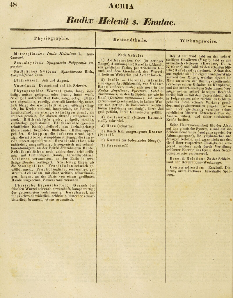 Raäiw Helehü s. Enulae, Pli jsiograpbie. Mutterpflanze: dauernd. Inula Ilelenium L. Aus- Sexualsystem: Syngenesia Polygamia s^u- perßua. Natürliches System; Syanthereae Rieh., Ck>9-ymbiferne Juss. Bliithenzeit: Juli und August. Vaterland: Deutscliland und die Schweiz. Phytographie: Wurzel grofs, lang, dick, ästig, aul’sen gelhgrau oder braun, innen weifs. ästig, eckig, lilät- Stengel aufrecht, 3-5 Ful’s, ter sägezahnig, runzlig, oberlialb kurzhaarig, unter- halb tilzig; die wurzelständigen eiförmig-läng- Uch, im Kreise stehend, langgestielt, am Blattstiel herablaufend; die stengelständigen eirund, die unteren gestielt, die oberen sitzend, stengelumfas- send. Blütlienköpfe grofs, goldgelb, strahlig, vielblüthig, gipfelständig. R lUtheuh alle (gemein gehaltlicher Kelch) . bleibend, aus dachzi(^gclartig übereinander liegenden Blättcheu (Hüllschuppen) gebildet. Schuppen; die äufseren eirund, spiz- zig; die mittleren stumpf-lancettförmig; die inne- ren lancett-spatelförmig. Strahlcnblüthen sehr zahlreich, zuugenförmig, hypogjmisch mit schmal- linienförmigem, an der Spitze dreizähnigem Rande; Scheibenblüthen noch zahlreicher, trichterför- mig, mit fünftheiligem Rande, hermaphroditisch. Antheren verwachsen, an der Basis in zwei ästige Borsten verlängert. Staub weg länger als die Staubgefäfse. Fruchtboden schwach gc- W'ölbt, nackt. Frucht längliche, sechsseitige, ge- streifte Achenien,'mit einer weifsen, scharf haari- gen, langen, an der Basis von einem Rande umgebenen, Samenkrone versehen. Physische Eigenschaften: Geruch der frischen Wurzel schwach gewlirzhaft, kampherartig; der getrockneten veilchenartig. Geschmack an- fangs schwach widerlich, schleimig, hinterher scharf- bitterlich, brennend, etwas aromatisch. gezähnten Nach Schulz: Oel 1) Aetherisches Oel (in geringer Menge), Alautkampher (G m e 1 i n), Alantöl, von gelblicher Farbe, pcnetrirendein Ge- fuch und dem Geschmack der Wurzel; in heifsem Weingeist uud Aether löslich. 2) Inulin — II eien in, Alant in, eine eigene Art Stärkemehl, von Valent. Kose entdeckt, findet sich noch iu der Radix Angelicne, Pyrethrin Colchici autumiinlis^ in den Erdäpfeln, so wie im Häuf (JDatisca camiahimi), ist weifs, gcruch- uud geschmacklos, in kaltem AVas- ser nur gering, in kochendem reiclilich lösbar (Auflösung schleimig), durch Jod gelb gefärbt, durch Gallustiuctur gefällt. 3) Seifenstoff (bitterer Extractiv- ston), sehr viel. 4) Harz (scharfes). 5) Durch Kali ausgeiogcncr Extrac- t i V s 10 f f. 6) Gummi (in bedeutender Menge), 7) Faserstoff. W irkungsweise. Der Alant wird bald zu den scharf- stoffigen Gewürzen (V'ogt), bald zu den aromatisch - bittereu (Hecker, G. A. Richter) und bald zu den scharfen Mit- teln (H u fe 1 a n d) gerechnet. Schon dar- aus ergiebt sich die eigenthümlichc'Wirk- samkeit dies. Mittels, welches eigentl. die Mitte zw'ischen den flüchtig-excitirenden (vermöge seines Gehaltes au Kampheröl) und den scharf- stoftigen Substanzen (ver- möge seines scharf - harzigen Bestand- theils) hält — mit dem Unterschiede, dafs in Folge seines selir reicldichen Schleim- {relialtes diese scharfe Wirkung gemil- dert und gewissermafsen cingehüllt ist — sich aber gleichzeitig vermöge seines reichlichen bitteren Extractivstoffes den Amaris nähert, uud daher touisireude Kräfte besitzt. Seine Ilauptwirksamkeit übt der Alant auf das plastische System, zumal auf die Schleimmembranen (und ganz speciell der Athmuugsorgane), die lymphatischen und drüsigen Gebilde, und zwar nicht nur den Grad ihrer respectiven Thätigkeiten stei- gernd, sondern auch durch Verleihung gröfserer Energie das Q.uale ihrer Secre- tionsproducte verbessernd. Besond. Relation: Zu der Schleim- haut der Respirations-Werkzeuge. ^ Contraindicatiou; Eutzündl. Dia- these, ächte Plethora, fieberhafte Span- nung.