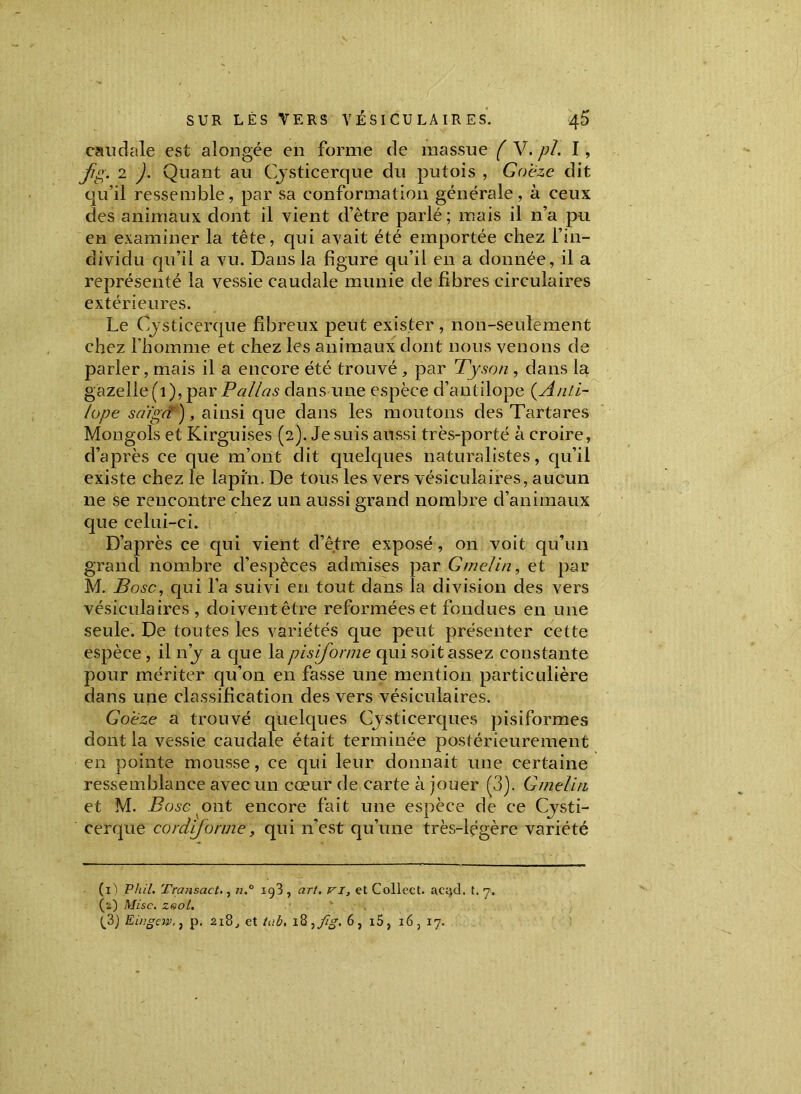 caudale est alongée en forme de massue ( V. pi. I, J/g. 2 ). Quant au Cjsticerque du putois , Goëze dit qu’il ressemble, par sa conformation générale, à ceux des animaux dont il vient d’être parlé; mais il n’a pu en examiner la tête, qui avait été emportée chez l’in- dividu qu’il a vu. Dans la figure qu’il en a donnée, il a représenté la vessie caudale munie de fibres circulaires extérieures. Le Cjsticerque fibreux peut exister, non-seulement chez l’homme et chez les animaux dont nous venons de parler, mais il a encore été trouvé , par Tyson , dans la gazelle (1), par Pallas dans une espèce d’antilope (Anti- lope sdigâ), ainsi que dans les moutons des Tartares Mongols et Kirguises (2). Je suis aussi très-porté à croire, d’après ce que m’ont dit quelques naturalistes, qu’il existe chez le lapin. De tous les vers vésiculaires, aucun ne se rencontre chez un aussi grand nombre d’animaux que celui-ci. D’après ce qui vient d’être exposé, on voit qu’un grand nombre d’espèces admises par Gmelin, et par M. JBosc, qui l’a suivi en tout dans la division des vers vésiculaires, doivent être reformées et fondues en une seule. De toutes les variétés que peut présenter cette espèce, il n’j a que la pisiforme qui soit assez constante pour mériter qu’on en fasse une mention particulière dans une classification des vers vésiculaires. Goëze a trouvé quelques Cysticerques pisiformes dont la vessie caudale était terminée postérieurement en pointe mousse, ce qui leur donnait une certaine ressemblance avec un cœur de carte à jouer (3). Gmelin et M. B ose ont encore fait une espèce de ce Cjsti- cerque cordiforme, qui n’est qu’une très-légère variété (1) Phil. Transact., n.° ig3 , art. vi, et Collect. ac;jd. t. 7, (2) Mise. zaol.