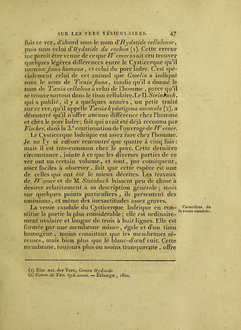 ls - - - fois ce ver, d’abord sous le nom dHydatide celluleuse, puis sous celui d Hydaîide du cochon (1). Cette erreur me paraît être venue de ce que TV e mer avait cru trouver quelques légères différences entre le Cysticerque qu’il nomme Jinna humana, et celui du porc ladre. C’est spé- cialement celui de cet animal que Gmelin a indiqué sous le, nom de Tœnia fuma, tandis qu’il a donné le nom de Tœnia cellulosa à celui de L’homme , parce qu’il se trouve surtout dans le tissu cellulaire. Le D. Sieinkuch, qui a publié, il y a quelques années , un petit traité sur ce ver, qu’il appelle Tœnia hydatigena anomala (2), a démontré qu’il n’offre aucune différence chez l’homme et chez le porc ladre ; fait qui avait été déjà reconnu par Fischer, dans la 3.e continuation de l’ouvrage de TV erner. Le Cysticerque ladrique est assez rare chez l’homme. Je ne l’y ai encore rencontré que quatre à cinq fois : mais il est très-commun chez le porc. Cette dernière circonstance , jointe à ce que les diverses parties de ce ver ont un certain volume, et sont, par conséquent, assez faciles à observer, fait que cette espèce est une de celles qui ont été le mieux décrites. Les travaux de TV erner et de M. Steinbuch laissent peu de chose à desirer relativement à sa description générale ; mais sur quelques points particuliers , ils présentent des omissions, et même des inexactitudes assez graves. La vessie caudale du Cysticerque ladrique en con- , Caractères de . •, 1 . • 1 1 ^ • i , i i 1. i. . la vessie caudale- stitue la partie ia plus considérable; elle est ordinaire- ment ovalaire et longue de trois à huit lignes. Elle est formée par une membrane mince, égale et d’un tissu homogène , moins consistant que les membranes sé- reuses , mais bien plus que le blanc-d’œuf cuit. Cette membrane, toujours plus ou moins transparente , offre (1) Hist. nat. tics Vers, Genre Hydaiide. (2) Comm. de Tœn. hyd. anom. — Erlangæ , 1802.