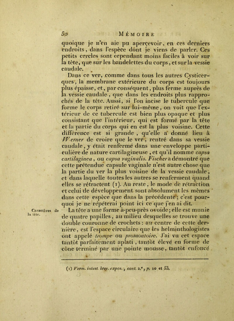 Caractères la lêtc. 5o Mémoire quoique je n’en aie pu apercevoir, en ces derniers endroits , dans l’espèce dont je viens de parler. Ces petits cercles sont cependant moins faciles à voir sur la tête, que sur les bandelettes du corps, et sur la vessie caudale. Dans ce ver, comme dans tous les autres Çysticer- ques, la membrane extérieure du corps est toujours plus épaisse, et, par conséquent, plus ferme auprès de la vessie caudale , que dans les endroits plus rappro- chés de la tête. Aussi, si l’on incise le tubercule que forme le corps retiré sur lui-même, on voit que l’ex- térieur de ce tubercule est bien plus opaque et plus consistant que l’intérieur, qui est formé par la tête et la partie du corps qui en est la plus voisine. Cette différence est si grande , qu’elle a donné lieu à FVerner de croire que le ver, rentré dans sa vessie caudale, y était renfermé dans une enveloppe parti- culière de nature cartilagineuse , et qu’il nomme capsa cartilaginea , ou capsa va gin ali s. Fischer a démontré que cette prétendue capsule vaginale n’est autre chose que la partie du ver la plus voisine de la vessie caudale , et dans laquelle toutes les autres se renferment quand elles se rétractent (i). Au reste, le mode de rétraction et celui de développement sont absolument les mêmes dans cette espèce que dans la précédente 5 c’est pour- quoi je ne répéterai point ici ce que j’en ai dit. de La tête a une forme à-peu-près ovoïde 3 elle est mun ie de quatre papilles, au milieu desquelles se trouve une double couronne de crochets : au centre de cette der- nière, est l’espace circulaire que les helminthologistes ont appelé trompe ou promontoire. J’ai vu cet espace tantôt parfaitement aplati , tantôt élevé en forme de cône terminé par une pointe mousse, tantôt enfoncé (j) Verni, inlest. brey. expos. , cont. 2.®, p. 10 et 53.