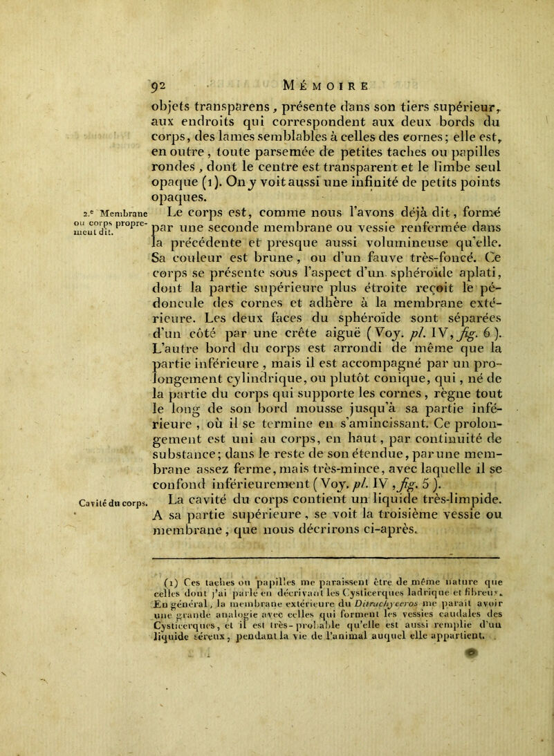 2.e Membrane ou corps propre- ment dit. Cavilé du corps. 92 Mémoire objets transparens, présente d'ans son tiers supérieur, aux endroits qui correspondent aux deux bords du corps, des lames semblables à celles des cornes; elle est, en outre , toute parsemée de petites taches ou papilles rondes , dont le centre est transparent et le limbe seul opaque (1). On y voit aussi une infinité de petits points opaques. Le corps est, comme nous l’avons déjà dit, formé par une seconde membrane ou vessie renfermée dans la précédente et presque aussi volumineuse qu’elle. Sa couleur est brune , ou d’un fauve très-foncé. Ce corps se présente sous l’aspect d’un, sphéroïde aplati, dont la partie supérieure plus étroite reçoit le pé- doncule des cornes et adhère à la membrane exté- rieure. Les deux faces du sphéroïde sont séparées d’un côté par une crête aiguë (Voj. pi. \Yt Jig. 6). L’autre bord du corps est arrondi de même que la partie inférieure , mais il est accompagné par un pro- longement cylindrique, ou plutôt conique, qui, né de la partie du corps qui supporte les cornes , règne tout le long de son bord mousse jusqu’à sa partie infé- rieure , où il se termine en s’amincissant. Ce prolon- gement est uni au corps, en haut, par continuité de substance; dans le reste de son étendue, parune mem- brane assez ferme, mais très-mince, avec laquelle il se confond inférieurement ( Voy, pl. IV ,jig. 5 ). La cavité du corps contient un liquide très-limpide. A sa partie supérieure , se voit la troisième vessie ou membrane , que nous décrirons ci-après. (1) Ces taches ou papilles me paraissent être de même nature que celles dont j’ai parlé en décrivant les Cystieerques ladrique et fibreur. En général, la membrane extérieure du Dàruchjeeros me paraît avoir une grande analogie avec celles qui forment les vessies caudales des Cystieerques, et il est très-probable qu’elle est aussi remplie d’uu liquide séreux, pendant la vie de l’animal auquel elle appartient. . K M • \