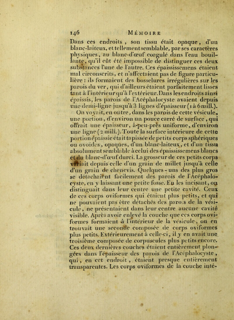 Dans ces endroits , son tissu était opaque, d’un blanc-laiteux, et tellement semblable, par ses caractères physiques, au blanc-d'œuf coagulé dans l’eau bouil- lante, qu’il eût été impossible de distinguer ces deux substances l’une de l'autre. Ces épaississemens étaient mal circonscrits, et n’affectaient pas de figure particu- lière : ils f ormaient des bosselures irrégulières sur les parois du ver, qui d’ailleurs étaient parfaitement lisses tant à l’intérieur qu’à l’extérieur. Dans les endroits ainsi épaissis, les parois de l’Acéphalocyste avaient depuis une demi-ligne jusqu’à 3 lignes d’épaisseur ( l à 6 ruill.). On voyait, en outre, dans les parois de cette vésicule, une portion, d’environ un pouce carré de surface , qui offrait une épaisseur, à-peu-près uniforme, d’environ une ligne ( 2 mil!.). Toute la surface intérieure de cette portion épaissie étaittapissée depetits corps sphériques ou ovoïdes , opaques, d’un blanc-laiteux , et d’un tissu absolument semblable àcelui des épaississemens blancs et du blanc-d’œuf durci. La grosseur de ces petits corps viciait depuis celle d’un grain de millet jusqu’à celle d’un grain de chenevis. Quelques-uns des plus gros se détachaient facilement des parois de l’Acéphalo- cjste, en y laissant une petite fosse. En les incisant, ou distinguait dans leur centre une petite cavité. Ceux de ces corps oviformes qui étaient plus petits, et qui ne pouvaient pas être détachés des parois de la vési- cule , ne présentaient dans leur centre aucune cavité visible. Après avoir enlevé la couche (pie ces corps ovi- formes formaient -à l’intérieur de la vésicule, on en trouvait une seconde composée de corps oviformes plus petits. Extérieurement à celle-ci, il y en avait une troisième composée de corpuscules plus petits encore. Ces deux dernières couches étaient entièrement plon- gées dans l’épaisseur des parois de l’Acéphalocyste , qui , en cet endroit , étaient presque entièrement transparentes. Les corps oviformes de la couche inté-