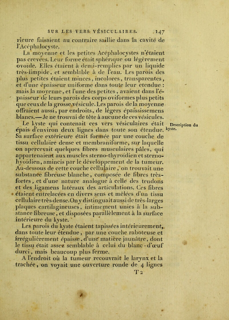 rîeure faisaient au contraire saillie dans la cavité de l’Acéphalocyste. La moyenne et les petites Acéphalocystes n’étaient pas crevées. Leur forme était sphérique ou légèrement ovoïde. Elles étaient à demi-remplies par un liquide très-limpide, et semblable à de l’eau. Les parois des plus petites étaient minces, incolores, transparentes, et d’une épaisseur uniforme dans toute leur etendue : mais la mojenne, et l’une des petites , avaient dans l’é- paisseur de leurs parois des corps oviformes plus petits que ceux de la grosse.vésicule. Les parois delà mojenne offraient aussi, par endroits, de légers épaississemens blancs. — Je 11e trouvai de tête à aucune de ces vésicules. Le kyste qui contenait ces vers vésiculaires était Description du épais d’environ deux lignes dans toute son étendue. kLste* Sa surface extérieure était formée par une couche de tissu cellulaire dense et membraniforme, sur laquelle on apercevait quelques fibres musculaires pâles, qui appartenaient aux muscles sterno-thyroïdien et sterno- hyoïdien, amincis par le développement de la tumeur. Au-dessous de cette couche cellulaire , on trouvait une substance fibreuse blanche, composée de fibres très- fortes , et d’une nature analogue à celle des tendons et des ligamens latéraux des articulations. Ces fibres étaient entrelacées en divers sens et mêlées d’un tissu cellulaire très-dense.Ony distinguaitausside très-larges plaques cartilagineuses, intimement unies à la sub- stance fibreuse, et disposées parallèlement à la surface intérieure du kyste. ' Les parois du kyste étaient tapissées intérieurement,, dans toute leur étendue , par une couche raboteuse et irrégulièrement épaisse, d’une matière jaunâtre, dont le tissu était assez semblable à celui du blanc- d’œuf durci, mais beaucoup plus ferme. A l’endroit où la tumeur recouvrait le larynx et la trachée, on voyait une ouverture ronde de 4 lignes T 2