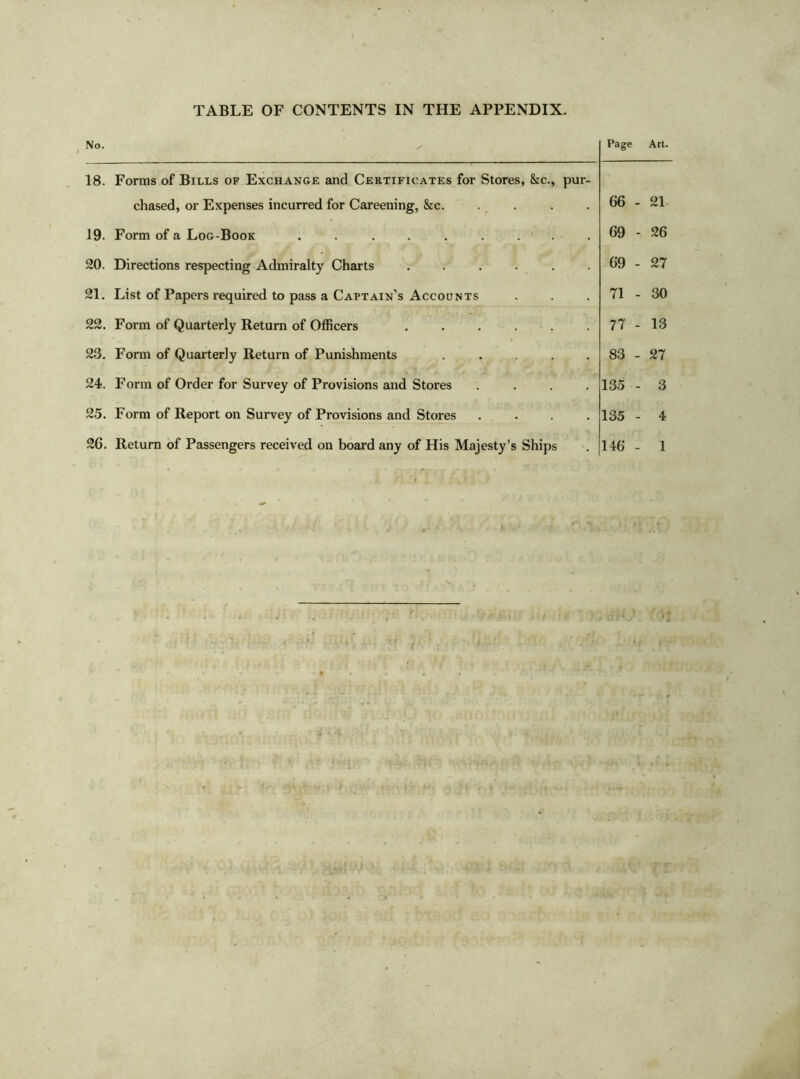 No. Page 18. Forms of Bills of Exchange and Certificates for Stores, &c., pur- chased, or Expenses incurred for Careening, &c. .... 19. Form of a Log-Book . . . . . . . . . 20. Directions respecting Admiralty Charts ...... 21. List of Papers required to pass a Captain’s Accounts 22. Form of Quarterly Return of Officers 23. Form of Quarterly Return of Punishments . 24. Form of Order for Survey of Provisions and Stores .... 25. Form of Report on Survey of Provisions and Stores .... 26. Return of Passengers received on board any of His Majesty’s Ships 66 - 69 - 69 - 71 - 77 - 83 - 135 - 135 - 146 - Art. 21 26 27 30 13 27 3 4 1