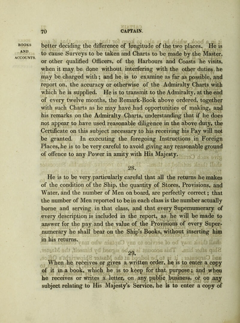 BOOKS AND ACCOUNTS. better deciding the difference of longitude of the two places. He is to cause Surveys to be taken and Charts to be made by the Master, or other qualified Officers, of the Harbours and Coasts he visits, when it may be done without interfering with the other duties he may be charged with; and he is to examine as far as possible, and report on, the accuracy or otherwise of the Admiralty Charts with which he is supplied. He is to transmit to the Admiralty, at the end of every twelve months, the Remark-Book above ordered, together with such Charts as he may have had opportunities of making, and his remarks on the Admiralty Charts, understanding that if he does not appear to have used reasonable diligence in the above duty, the Certificate on this subject necessary to his receiving his Pay will not be granted. In executing the foregoing Instructions in Foreign Places, he is to be very careful to avoid giving any reasonable ground of offence to any Power in amity with His Majesty. 28. He is to be very particularly careful that all the returns he makes of the condition of the Ship, the quantity of Stores, Provisions, and Water, and the number of Men on board, are perfectly correct; that the number of Men reported to be in each class is the number actually borne and serving in that class, and that every Supernumerary of every description is included in the report, as he will be made to answer for the pay and the value of the Provisions of every Super- numerary he shall bear on the Ship’s Books, without inserting him in his returns. ■ f 1(11 29. UODCySi 8ld When he receives or gives a written order, he is to enter a copy of it in a book, which he is to keep for that purpose; and when he receives or writes a letter, on any public business, or on any subject relating to His Majesty’s Service, he is to enter a copy of