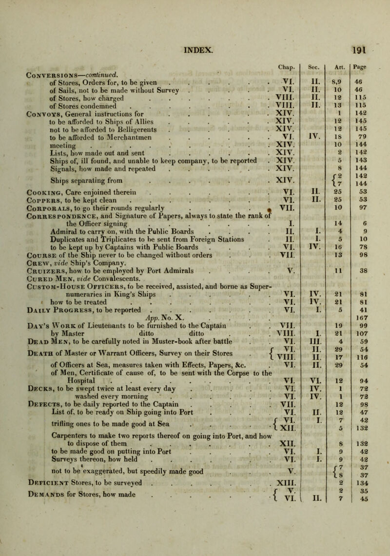 to be reported Conversions—continued. of Stores, Orders for, to be given of Sails, not to be made without Survey of Stores, how charged of Stores condemned .... Convoys, General instructions for to be afforded to Ships of Allies not to be afforded to Belligerents to be afforded to Merchantmen meeting ...... Lists, how made out and sent Ships of, ill found, and unable to keep company Signals, how made and repeated Ships separating from Cooking, Care enjoined therein Coppers, to be kept clean .... Corporals, to go their rounds regularly Correspondence, and Signature of Papers, always the Officer signing Admiral to carry on, with the Public Boards Duplicates and Triplicates to be sent from Foreign Stations to be kept up by Captains with Public Boards Course of the Ship never to be changed without orders Crew, vide Ship’s Company. Cruizers, how to be employed by Port Admirals .... Cured Men, vide Convalescents. Custom-House Officers, to be received, assisted, and borne as Super- numeraries in King’s Ships .... how to be treated ...... Daily Progress, to be reported ..... App. No. X. Day’s Work of Lieutenants to be furnished to the Captain by Master ditto ditto Dead Men, to be carefully noted in Muster-book after battle Death of Master or Warrant Officers, Survey on their Stores to state the rank of { of Officers at Sea, measures taken with Effects, Papers, &c. of Men, Certificate of cause of, to be sent with the Corpse to the Hospital ........ Decks, to be swept twice at least every day .... washed every morning . Defects, to be daily reported to the Captain .... List of, to be ready on Ship going into Port trifling ones to be made good at Sea .... Carpenters to make two reports thereof on going into Port, and how to dispose of them ...... to be made good on putting into Port .... Surveys thereon, how held ...... a not to be exaggerated, but speedily made good Deficient Stores, to be surveyed ...... Demands for Stores, how made . . . . . Chap. Sec. Art. Page VI. II. 8,9 46 VI. II. 10 46 VIII. II. 12 115 VIII. II. 13 115 XIV. 1 142 XIV. 12 145 XIV. 12 145 VI. IV. IS 79 XIV. 10 144 XIV. 2 142 XIV. 5 143 XIV. 8 144 XIV. {7 142 144 VI. II. 25 53 VI. II. 25 53 VII. 10 97 I. 14 6 II. I. 4 9 II. 1. 5 10 VI. IV. 16 78 VII. 13 98 V. 11 38 VI. IV. 21 81 VI. IV. 21 81 VI. I. 5 41 167 VII. 19 99 VIII. I. 21 107 VI. III. 4 59 VI. II. 29 54 VIII. II. 17 116 VI. II. 29 54 VI. VI. 12 94 VI. IV. 1 72 VI. IV. 1 72 VII. 12 98 VI. II. 12 47 f VI. I. 7 42 L XII. 5 132 XII. 8 132 VI. I. 9 42 VI. I. 9 42 V. SZ 37 Is 37 XIII. 2 134 f v 2 35