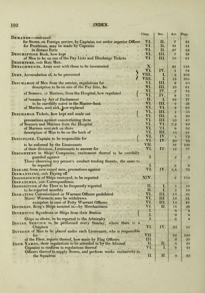 Demands—continued. for Stores, on Foreign service, by Captains not under superior Officer for Provisions, may be made by Captains in distant Ports ...... Description Book, how kept ... of Men to be on one of the Pay Lists and Discharge Tickets Deserters, vide Run Men. Detachments, Arms sent with them to be inventoried Dirt, Accumulation of, to be prevented .... Discharge of Men from the service, regulations for description to be on one of the Pay lists, &c. of Seamen, or Marines, from the Hospital, how regulated of Seamen by Act of Parliament to be carefully noted in the Muster-book of Marines, sent sick, J^ow replaced Discharge Tickets, how kept and made out precautions against counterfeiting them of Seamen and Marines from the Hospital of Marines sent sick on shore description of Men to be on the back of Discipline, Captain to be responsible for to be enforced by the Lieutenants of their divisions, Lieutenants to answer for Discontent in Ships’ Companies, excitement thereof to be carefully guarded against ..... Those observing any person’s conduct tending thereto, the same to be reported ..... Disease from new raised men, precautions against Dismantling, vide Paying off. Disobedience of Ships convoyed, to be reported Dispatches, vide Correspondence. Disposition of the Fleet to be frequently reported to be reported monthly .... Disrating Commissioned or Warrant Officers prohibited Mates’ Warrants may be withdrawn exception in case of Petty Warrant Officers Distress, King’s Ships assisted in—by Merchantmen Diverting Squadrons or Ships from tbeir Station Ships as above, to be reported to the Admiralty Divine Service to be performed every Sunday, where there is a Chaplain ...... Division of Men to be placed under each Lieutenant, who is responsible for ....... of the Fleet, reports thereof, how made by Flag Officers Dock Yards, their regulations to be attended to by the Admiral Captains to conform to regulations thereof Officers thereof to supply Stores, and perform works exclusively to the Squadron ........ Chap. Sec. Art. Page VI. II. 7 45 VI. 11. 21 51 VI. 11. 27 53 VI. III. 7 59 VI. III. 10 61 X. 21 124. VI. IV. 1 72 VIII. I. 3 103 VIII. I. 13 105 VI. III. 9 60 VI. 111. 10 61 VI. IV. 7 74 VI. IV. 9 75 II. 1. 22 17 VI. III. 2 56 VI. VI. 9 92 VI. III. 1 55 VI. III. S 60 VI. III. io 61 VI. VI. 7,9 92 VI. VI. 9 92 VI. III. 10 61 VI. IV. 1 72 VI IV. 30 S5 VII. 21 100 VI. IV. 12 77 I. 6 3 I. 6 3 VI. IV. 3,4 73 XIV. 6 143 11. I. 5 10 II. I. 5 10 VI. III. 12 61 VI. Ill 12 61 VI. III. 12 61 VI. II. IS 49 I. 8 4 I. 9 4 I 9 4 VI. IV. 24 S2 VII 22 100 III. 2 30 II. II. 8 22 VI. I. 9 42