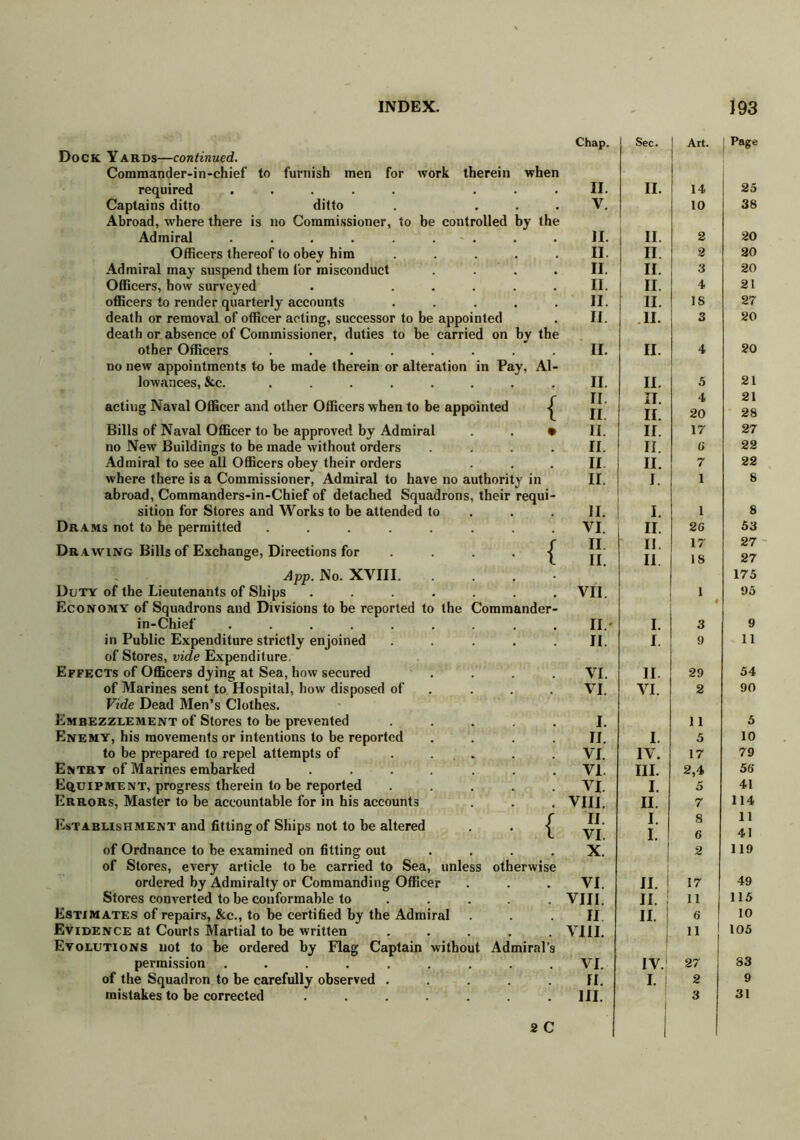 to be controlled by the Dock Yards—continued. Commander-in-chief to furnish men for work therein when required ..... ... Captains ditto ditto Abroad, where there is no Commissioner, Admiral ..... Officers thereof to obey him ..... Admiral may suspend them for misconduct . Officers, how surveyed . ..... officers to render quarterly accounts ..... death or removal of officer acting, successor to be appointed death or absence of Commissioner, duties to be carried on by the other Officers . . . . . no new appointments to be made therein or alteration in Pay, Al- lowances, kc. ........ acting Naval Officer and other Officers when to be appointed Bills of Naval Officer to be approved by Admiral . . • no New Buildings to be made without orders .... Admiral to see all Officers obey their orders where there is a Commissioner, Admiral to have no authority in abroad, Commanders-in-Chief of detached Squadrons, their requi- sition for Stores and Works to be attended to Drams not to be permitted .... Drawing Bills of Exchange, Directions for App. No. XVIII Duty of the Lieutenants of Ships Economy of Squadrons and Divisions to be reported to the Commander in-Chief ..... in Public Expenditure strictly enjoined of Stores, vide Expenditure. Effects of Officers dying at Sea, how secured of Marines sent to Hospital, how disposed of Vide Dead Men’s Clothes. Embezzlement of Stores to be prevented Enemy, his movements or intentions to be reported to be prepared to repel attempts of Entry of Marines embarked Equipment, progress therein to be reported Errors, Master to be accountable for in his accounts Chap. Establishment and fitting of Ships not to be altered . . of Ordnance to be examined on fitting out of Stores, every article to be carried to Sea, unless otherwise ordered by Admiralty or Commanding Officer Stores converted to be conformable to Estimates of repairs, Sic., to be certified by the Admiral Evidence at Courts Martial to be written Evolutions not to be ordered by Flag Captain without Admiral’s permission ...... of the Squadron to be carefully observed . mistakes to be corrected .... 2 C II. V. II. II. II. II. II. II. II. II. II. II II. II. II II. II. VI. II II. VII. II. II. VI. VI. I. II. VI. VI VI. VIII. II. VI. X. VI. VIII. II VIII. VI. II. III. Sec. ! Art. ] Page II. II. II. II. II. II. II. II. II. II. II. II. II. II. I. I. II. II. II I. I. II. VI. I. IV. III. I. II. I. I. II. II. II. IV.1 I. j 14 10 2 2 3 4, 15 3 5 4 20 17 0 7 1 1 26 17 IS 3 9 29 2 11 5 17 2,4 5 7 8 6 2 17 11 6 11 27 2 3 25 38 20 20 20 21 27 20 20 21 21 28 27 22 22 8 8 53 27 27 175 95 9 . 11 54 90 5 10 79 56 41 114 11 41 119 49 115 10 105 83 9 31