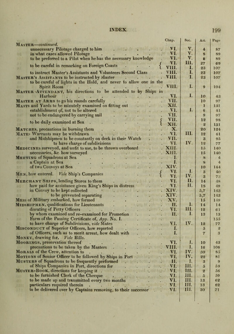 in the >y Ships in M aste R—continued. unnecessary Pilotage charged to him . . in what cases allowed Pilotage ..... to be preferred to a Pilot when he has the necessary knowledge to be careful in remarking on Foreign Coasts to instruct Master’s Assistants and Volunteers Second Class Master’s Assistants to be instructed by Master to be careful of lights in the Hold, and never to allow one Spirit Room ..... Master -Attendant, his directions to be attended to Harbour ...... Master at Arms to go his rounds carefully Masts and Yards to be minutely examined on fitting out establishment of, not to be altered not to be endangered by carrying sail to be daily examined at Sea .... Matches, precautions in burning them Mates Warrants may be withdrawn and Midshipmen to be constantly on deck in their Watch to have charge of subdivisions Medicines surveyed, and unfit to use, to be thrown overboarc necessaries, &c how surveyed Meeting of Squadrons at Sea .... a Captain at Sea ..... of two Convoys at Sea .... Men, how entered. Vide Ship’s Companies { Merchant Ships, lending Stores to them .... how paid for assistance given King’s Ships in distress in Convoy to be kept collected • to be prevented separating .... Mess of Military embarked, how formed .... Midshipmen, qualifications for Lieutenants .... disrating of Petty Officers ...... by whom examined and re-examined for Promotion Form of the Passing Certificate of, App. No. I. to have charge of Subdivisions, vide Mates Misconduct of Superior Officers, how reported of Officers, such as to merit arrest, how dealt with Money, drawing for. Vide Bills. Moorings, preservation thereof ...... precautions to be taken by the Masters .... Morals of the Crew, attention to Motions of Senior Officer to be followed by Ships in Port Musters of Squadrons to be frequently performed of Ships Companies in Port, directions for ... Muster-Book, directions for keeping it . to be furnished Clerk of the Checque .... to be made up and transmitted every two months particulars required therein ...... Chap. Sec. Art. Page VI. V. 4 87 VI. V. 8 89 VI. V. £ 89 VI. III. 27 69 VIII. I. 23 107 VIII. I. 23 107 VIII. I. 23 107 VIII. I. 9 104 VI. I. 10 43 VII. 10 97 XII. 1 131 VI. I. 6 41 VII. 9 97 VII. 12 98 XII. 2 131 X. 20 124 VI. III. 12 61 VII. 3 95 VI. IV. 12 77 XIII. 15 140 XIII. 15 140 I. 8 4 I. 8 4 XIV. 10 144 VI. I. 3 40 VI. IV. 3 73 VI. II. 14 48 VI. II. 18 49 XIV. 5,7 143 XIV. 5,7 143 XV. 15 149 II. I. 14 14 VI. III. 12 61 II. I. 13 13 155 VI. IV. 12 77 I. 5 2 I. 7 3 VI. I. 10 43 VIII. I. 16 106 VI. IV. 30 85 VI. IV. 22 81 II. I. 3 9 VI. III. 5 59 VI. III. 2 56 VI. III. 5 59 VI. III. 13 62 VI. III. 13 62