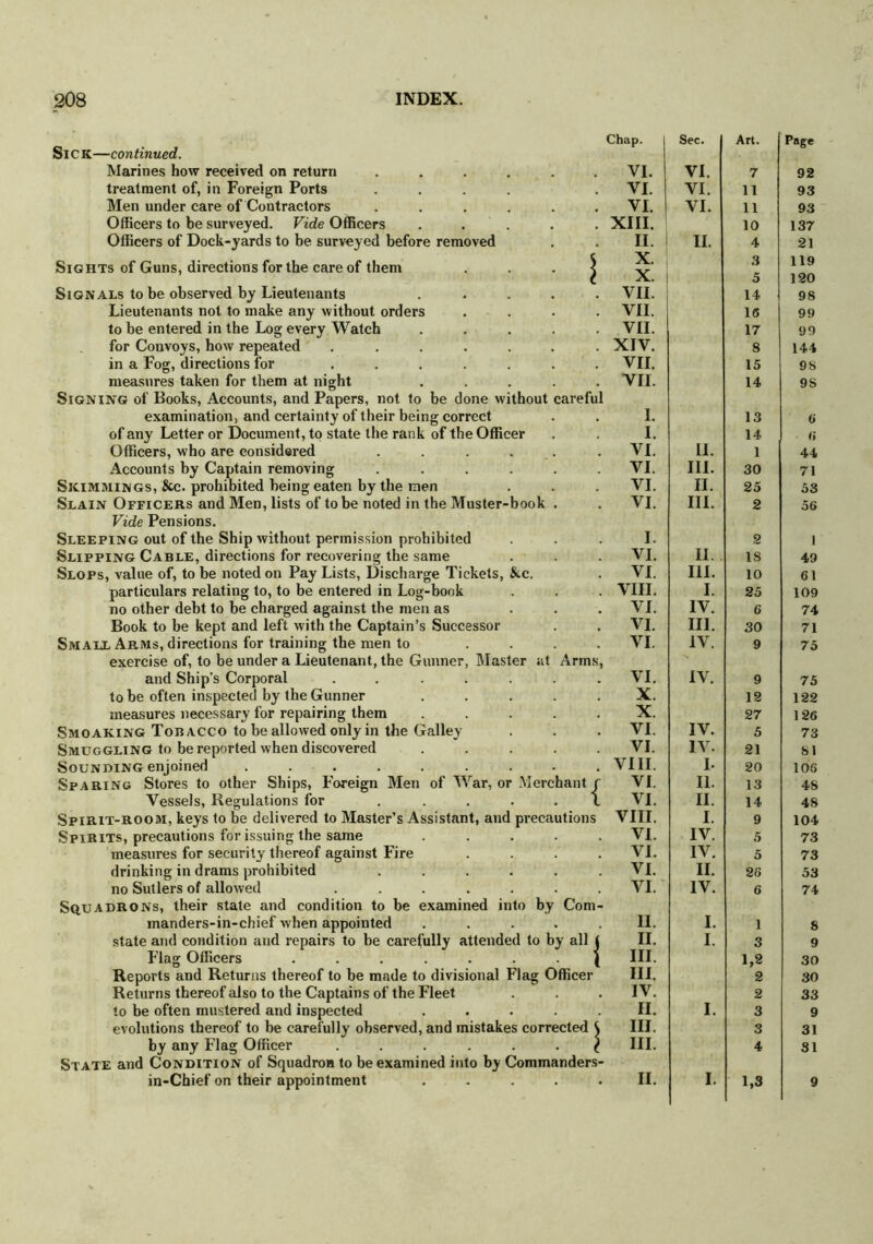 Sick—continued. Marines how received on return treatment of, in Foreign Ports Men under care of Contractors Officers to be surveyed. Vide Officers Officers of Dock-yards to be surveyed before removed Sights of Guns, directions for the care of them Signals to be observed by Lieutenants Lieutenants not to make any without orders to be entered in the Log every Watch for Convoys, how repeated in a Fog, directions for ... measures taken for them at night Signing of Books, Accounts, and Papers, not to be done without careful examination, and certainty of their being correct of any Letter or Document, to state the rank of the Officer Officers, who are considered .... Accounts by Captain removing .... Skimmings, &c. prohibited being eaten by the men Slain Officers and Men, lists of to be noted in the Muster-book Vide Pensions. Sleeping out of the Ship without permission prohibited Slipping Cable, directions for recovering the same Slops, value of, to be noted on Pay Lists, Discharge Tickets, &c. particulars relating to, to be entered in Log-book no other debt to be charged against the men as Book to be kept and left with the Captain’s Successor Small Arms, directions for training the men to exercise of, to be under a Lieutenant, the Gunner, Master at Arms and Ship’s Corporal to be often inspected by the Gunner measures necessary for repairing them Smoaking Tobacco to be allowed only in the Galley Smuggling to be reported when discovered Sounding enjoined ..... Sparing Stores to other Ships, Foreign Men of War, or Merchant r Vessels, Regulations for ..... L Spirit-room, keys to be delivered to Master’s Assistant, and precautions Spirits, precautions for issuing the same . . . . . measures for security thereof against Fire .... drinking in drams prohibited ...... no Sutlers of allowed ....... Squadrons, their state and condition to be examined into by Com- manders-in-chief when appointed ..... state and condition and repairs to be carefully attended to by all j Flag Officers .......( Reports and Returns thereof to be made to divisional Flag Officer Returns thereof also to the Captains of the Fleet to be often mustered and inspected ..... evolutions thereof to be carefully observed, and mistakes corrected \ by any Flag Officer ...... ^ State and Condition of Squadron to be examined into by Commanders- Chap. VI. VI. VI. XIII. II. X. X. VII. VII. VII. XIV. VII. VII. I. I. VI. VI. VI. VI. I. VI. VI. VIII. VI. VI. VI. VI. X. X. VI. VI. VIII. VI. VI. VIII. VI. VI. VI. VI. II. II. III. III. IV. II. III. III. Sec. Art. Page VI. 7 92 VI. 11 93 VI. 11 93 10 137 II. 4 21 3 119 5 120 14 98 15 99 17 99 8 144 15 98 14 9S 13 6 14 6 II. 1 44 III. 30 71 II. 25 53 III. 2 56 2 1 II.. 18 49 III. 10 61 I. 25 109 IV. 6 74 III. 30 71 IV. 9 75 IV. 9 75 12 122 27 126 IV. 5 73 IV. 21 81 I- 20 106 11. 13 48 II. 14 48 I. 9 104 IV. 5 73 IV. 5 73 II. 26 53 IV. 6 74 I. 1 8 I. 3 9 1,2 30 2 30 2 33 I. 3 9 3 31 4 31