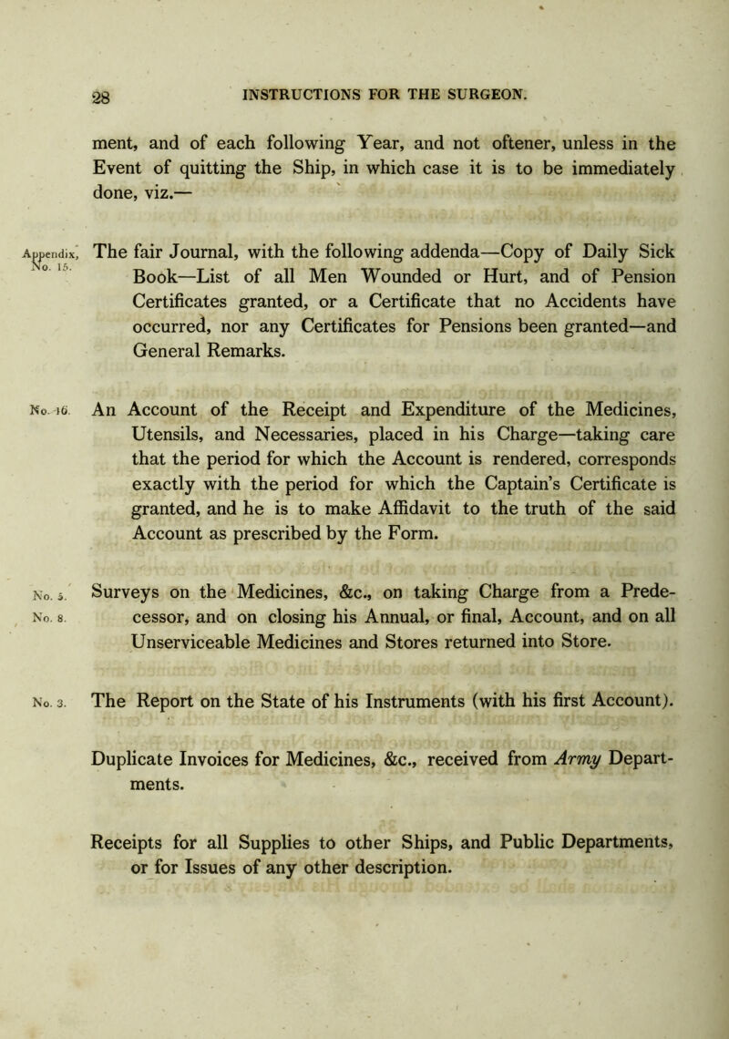 ment, and of each following Year, and not oftener, unless in the Event of quitting the Ship, in which case it is to be immediately done, viz.— A^endix, The fair Journal, with the following addenda—Copy of Daily Sick Book—List of all Men Wounded or Hurt, and of Pension Certificates granted, or a Certificate that no Accidents have occurred, nor any Certificates for Pensions been granted—and General Remarks. No. i6 An Account of the Receipt and Expenditure of the Medicines, Utensils, and Necessaries, placed in his Charge—taking care that the period for which the Account is rendered, corresponds exactly with the period for which the Captain’s Certificate is granted, and he is to make Affidavit to the truth of the said Account as prescribed by the Form. No. s. Surveys on the Medicines, &c., on taking Charge from a Prede- No. s. cessor, and on closing his Annual, or final, Account, and on all Unserviceable Medicines and Stores returned into Store. No. s. The Report on the State of his Instruments (with his first Account). Duplicate Invoices for Medicines, &c., received from Army Depart- ments. Receipts for all Supplies to other Ships, and Public Departments, or for Issues of any other description.