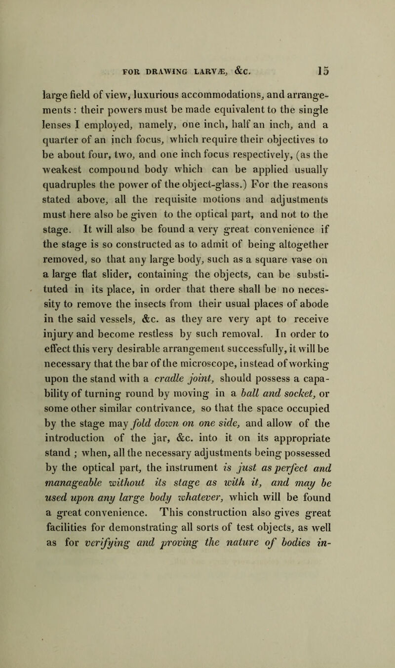 large field of view, luxurious accommodations, and arrange- ments : their powers must be made equivalent to the single lenses I employed, namely, one inch, half an inch, and a quarter of an inch focus, which require their objectives to be about four, two, and one inch focus respectively, (as the weakest compound body which can be applied usually quadruples the power of the object-glass.) For the reasons stated above, all the requisite motions and adjustments must here also be given to the optical part, and not to the stage. It will also be found a very great convenience if the stage is so constructed as to admit of being altogether removed, so that any large body, such as a square vase on a large flat slider, containing the objects, can be substi- tuted in its place, in order that there shall be no neces- sity to remove the insects from their usual places of abode in the said vessels, &c. as they are very apt to receive injury and become restless by such removal. In order to effect this very desirable arrangement successfully, it will be necessary that the bar of the microscope, instead of working upon the stand with a cradle joint, should possess a capa- bility of turning round by moving in a ball and socket, or some other similar contrivance, so that the space occupied by the stage may fold dozen on one side, and allow of the introduction of the jar, &c. into it on its appropriate stand ; when, all the necessary adjustments being possessed by the optical part, the instrument is just as perject and manageable without its stage as with it, and may be used upon any large body whatever, which will be found a great convenience. This construction also gives great facilities for demonstrating all sorts of test objects, as well as for verifying and proving the nature of bodies in-
