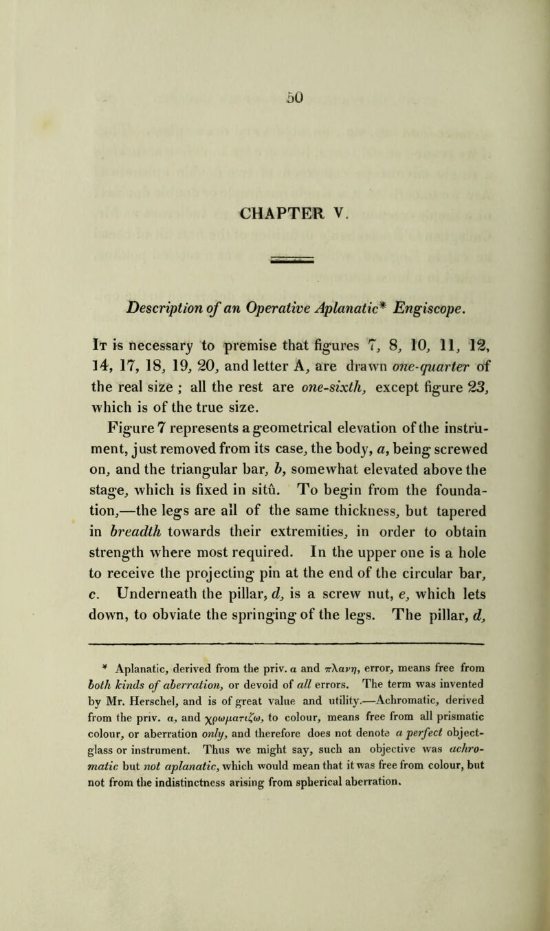 CHAPTER V. Description of an Operative Aplanatic* Engiscope. It is necessary to premise that figures 7, 8, 10, 11, 12, 14, 17, 18, 19, 20, and letter A, are drawn one-quarter of the real size ; all the rest are one-sixth, except figure 23, which is of the true size. Figure 7 represents a geometrical elevation of the instru- ment, just removed from its case, the body, a, being screwed on, and the triangular bar, b, somewhat elevated above the stage, which is fixed in situ. To begin from the founda- tion,—the legs are all of the same thickness, but tapered in breadth towards their extremities, in order to obtain strength where most required. In the upper one is a hole to receive the projecting pin at the end of the circular bar, c. Underneath the pillar, d, is a screw nut, e, which lets down, to obviate the springingof the legs. The pillar, d, 4 Aplanatic, derived from the priv. a and nXavrj, error, means free from both kinds of aberration, or devoid of all errors. The term was invented by Mr. Herschel, and is of great value and utility.—Achromatic, derived from the priv. a, and ^pfopan^w, to colour, means free from all prismatic colour, or aberration only, and therefore does not denote a perfect object- glass or instrument. Thus we might say, such an objective was achro- matic but not aplanatic, which would mean that it was free from colour, but not from the indistinctness arising from spherical aberration.