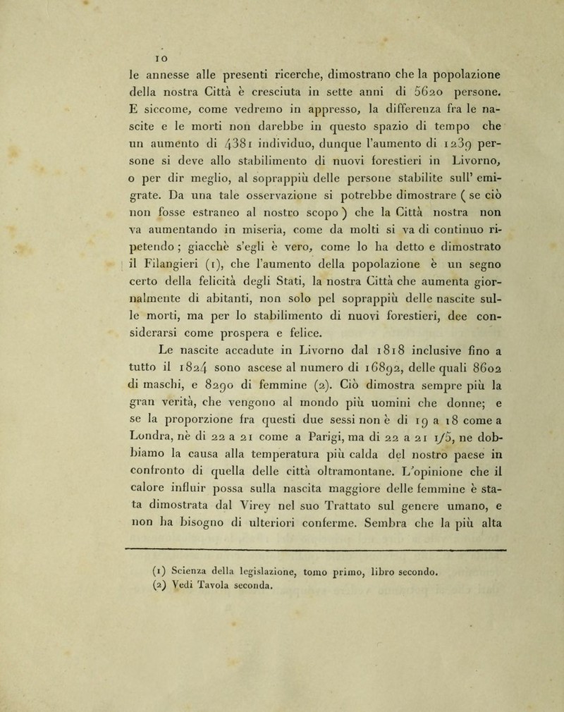 IO le annesse alle presenti ricerche, dimostrano che la popolazione della nostra Città è cresciuta in sette anni di 5620 persone. E siccome, come vedremo in appresso, la differenza fra le na- scite e le morti non darebbe in questo spazio di tempo che un aumento di 4^381 individuo, dunque l’aumento di i23q per- sone si deve allo stabilimento di nuovi forestieri in Livorno, o per dir meglio, al soprappiù delle persone stabilite sull’ emi- grate. Da una tale osservazione si potrebbe dimostrare ( se ciò non fosse estraneo al nostro scopo ) che la Città nostra non va aumentando in miseria, come da molti si va di continuo ri- petendo ; giacche s’egli è vero, come lo ha detto e dimostrato il Filangieri (1), che l’aumento della popolazione è un segno certo della felicità degli Stati, la nostra Città che aumenta gior- nalmente di abitanti, non solo pel soprappiù delle nascite sul- le morti, ma per lo stabilimento di nuovi forestieri, dee con- siderarsi come prospera e felice. Le nascite accadute in Livorno dal 1818 inclusive fino a tutto il 1824 sono ascese al numero di 16892, delle quali 8602 di maschi, e 8290 di femmine (2). Ciò dimostra sempre più la gran verità, che vengono al mondo più uomini che donne; e se la proporzione fra questi due sessi non è di 19 a 18 cornea Londra, nè di 22 a 21 come a Parigi, ma di 22 a 21 i/5, ne dob- biamo la causa alla temperatura più calda del nostro paese in confronto di quella delle città oltramontane. L'opinione che il calore influir possa sulla nascita maggiore delle femmine è sta- ta dimostrata dal Virey nel suo Trattato sul genere umano, e non ha bisogno di ulteriori conferme. Sembra che la più alta (1) Scienza della legislazione, tomo primo, libro secondo.