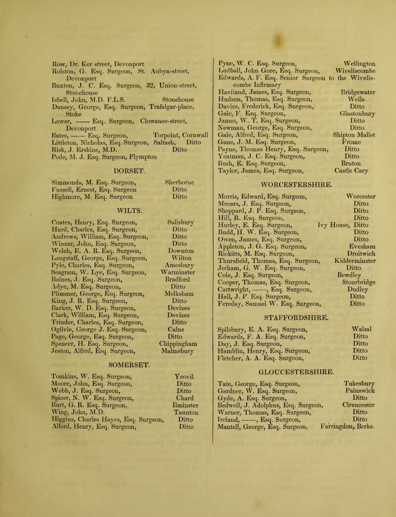 Row, Dr. Ker street, Devonport Rolston, G. Esq. Surgeon, St. Aubyn-street, Devonport Buxton, J. C. Esq. Surgeon, 32, Union-street, Stonehouse Isbell, John, M.D. F.L.S. Stonehouse Dansey, George, Esq. Surgeon, Trafalgar-place. Stoke Lower, Esq. Surgeon, Clowance-street, Devonport Bates, Esq. Surgeon, Torpoint, Cornwall Littleton, Nicholas, Esq. Surgeon, Saltash, Ditto Risk, J. Erskine, M.D. Ditto Pode, M. J. Esq. Surgeon, Plympton DORSET. Pyne, W. C. Esq. Surgeon, Wellington Ludball, John Gore, Esq. Surgeon, Wiveliscombe Edwards, A. F. Esq. Senior Surgeon to the Wivelis- combe Infirmary Haviiand, James, Esq. Surgeon, Bridgewater Hudson, Thomas, Esq. Surgeon, Wells Davies, Frederick, Esq. Surgeon, Ditto Gale, F. Esq. Surgeon, Glastonbury James, W. T. Esq. Surgeon, Ditto Newman, George, Esq. Surgeon, Ditto Gale, Alfred, Esq. Surgeon, Shipton Mallet Gane, J. M. Esq. Surgeon, Frome Payne, Thomas Henry, Esq. Surgeon, Ditto Yeatman, J. C. Esq. Surgeon, Ditto Bush, E. Esq. Surgeon, Bruton Taylor, James, Esq. Surgeon, Castle Cary Simmonds, M. Esq. Surgeon, Fussell, Ernest, Esq. Surgeon Highmore, M. Esq. Surgeon WILTS. Coates, Henry, Esq. Snrgeon, Hurd, Charles, Esq. Surgeon, Andrews, William, Esq. Surgeon, Winzar, John, Esq. Surgeon, Welch, E. A. R. Esq. Surgeon, Langstaff, George, Esq. Surgeon, Pyle, Charles, Esq. Surgeon, Seagram, W. Lye, Esq. Surgeon, Baines, J. Esq. Surgeon, Adye, M. Esq. Surgeon, Plimmer, George, Esq. Surgeon, King, J. R. Esq. Surgeon, Barker, W. D. Esq. Surgeon, Clark, William, Esq. Surgeon, Trinder, Charles, Esq. Surgeon, Ogilvie, George J. Esq. Surgeon, Page, George, Esq. Surgeon, Spencer, H. Esq. Surgeon, Jeston, Alfred, Esq. Surgeon, Sherborne Ditto Ditto Salisbury Ditto Ditto Ditto Downton Wilton Amesbury W arminster Bradford Ditto Melksham Ditto Devizes Devizes Ditto Caine Ditto Chippingham Malmsbury SOMERSET. Tomkins, W. Esq. Surgeon, Moore, John, Esq. Surgeon, Webb, J. Esq. Surgeon, Spicer, N. W. Esq. Surgeon, Burt, G. R. Esq. Surgeon, Wing, John, M.D. Higgins, Charles Hayes, Esq. Surgeon, Alford, Henry, Esq. Surgeon, Y eovil Ditto Ditto Chard Ilminster Taunton Ditto Ditto WORCESTERSHIRE. Morris, Edward, Esq. Surgeon, Worcester Meears, J. Esq. Surgeon, Ditto Sheppard, J. P. Esq. Surgeon, Ditto Hill, R. Esq. Surgeon, Ditto Hurley, E. Esq. Surgeon, Ivy House, Ditto Budd, H. W. Esq. Surgeon, Ditto Owen, James, Esq. Surgeon, Ditto Appleton, J. G. Esq. Surgeon, Evesham Rickitts, M. Esq. Surgeon, Droitwich Thursfield, Thomas, Esq. Surgeon, Kidderminster Jotham, G. W. Esq. Surgeon, Ditto Cole, J. Esq. Surgeon, Bewdley Cooper, Thomas, Esq. Surgeon, Stourbridge Cartwright, , Esq. Surgeon, Dudley Hall, J. P. Esq. Surgeon, Ditto Fereday, Samuel W. Esq. Surgeon, Ditto STAFFORDSHIRE. Spilsbury, E. A. Esq. Surgeon, Walsal Edwards, F. A. Esq. Surgeon, Ditto Day, J. Esq. Surgeon, Ditto Hamblin, Henry, Esq. Surgeon, Ditto Fletcher, A. A. Esq. Surgeon, Ditto GLOUCESTERSHIRE. Tate, George, Esq. Surgeon, Tukesbury Gardner, W. Esq. Surgeon, Painswick Gyde, A. Esq. Surgeon, Ditto Bedwell, J. Adolphus, Esq. Surgeon, Cirencester Warner, Thomas, Esq. Surgeon, Ditto Ireland, -, Esq. Surgeon, Ditto Mantell, George, Esq. Surgeon, Farringdon, Berks.