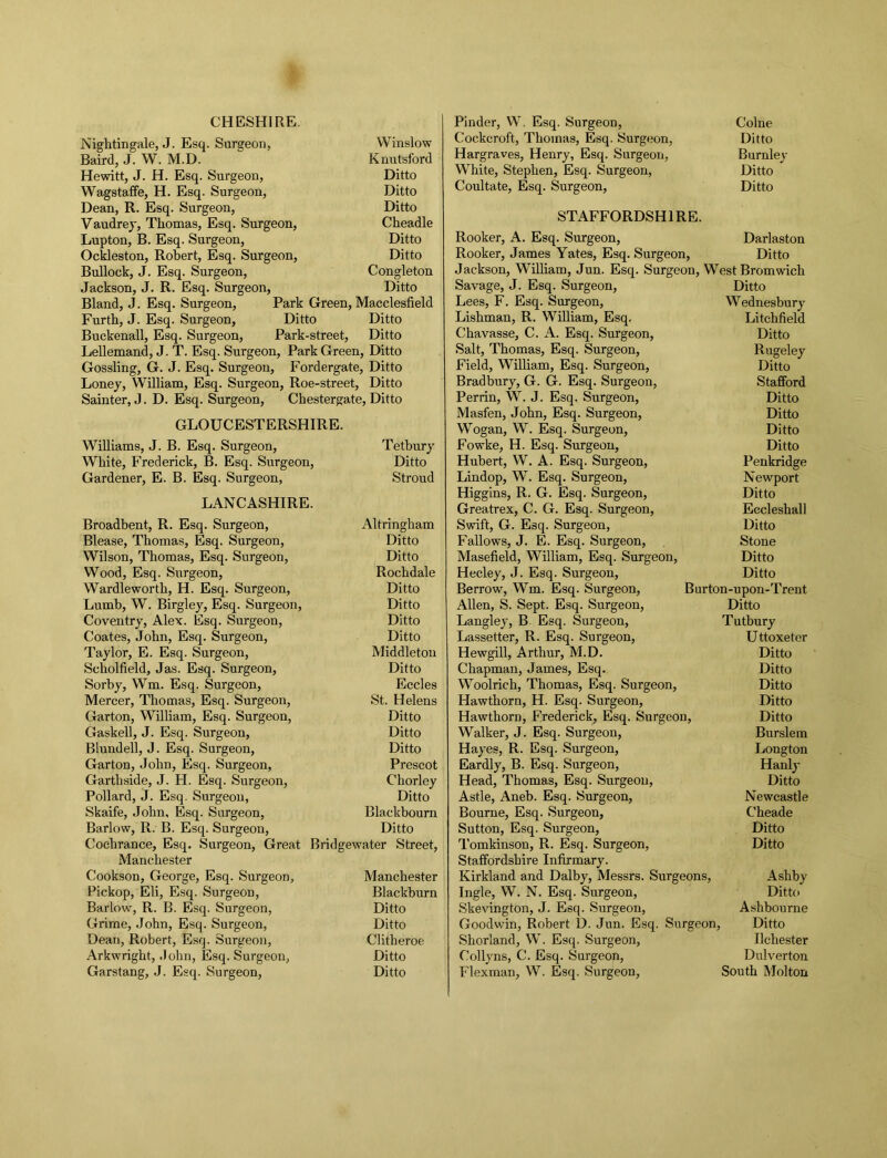 CHESHIRE. Nightingale, J. Esq. Surgeon, Winslow Baird, J. W. M.D. Knutsford Hewitt, J. H. Esq. Surgeon, Ditto Wagstaffe, H. Esq. Surgeon, Ditto Dean, R. Esq. Surgeon, Ditto Vaudrey, Thomas, Esq. Surgeon, Cheadle Lupton, B. Esq. Surgeon, Ditto Ockleston, Robert, Esq. Surgeon, Ditto Bullock, J. Esq. Surgeon, Congleton Jackson, J. R. Esq. Surgeon, Ditto Bland, J. Esq. Surgeon, Park Green, Macclesfield Furth, J. Esq. Surgeon, Ditto Ditto Buckenall, Esq. Surgeon, Park-street, Ditto Lellemand, J. T. Esq. Surgeon, Park Green, Ditto Gossling, G. J. Esq. Surgeon, Fordergate, Ditto Loney, William, Esq. Surgeon, Roe-street, Ditto Sainter, J. D. Esq. Surgeon, Chestergate, Ditto GLOUCESTERSHIRE. Williams, J. B. Esq. Surgeon, Tetbury White, Frederick, B. Esq. Surgeon, Ditto Gardener, E. B. Esq. Surgeon, Stroud LANCASHIRE. Broadbent, R. Esq. Surgeon, Blease, Thomas, Esq. Surgeon, Wilson, Thomas, Esq. Surgeon, Wood, Esq. Surgeon, Wardleworth, H. Esq. Surgeon, Lumb, W. Birgley, Esq. Surgeon, Coventry, Alex. Esq. Surgeon, Coates, John, Esq. Surgeon, Taylor, E. Esq. Surgeon, Scholfield, Jas. Esq. Surgeon, Sorby, Wm. Esq. Surgeon, Mercer, Thomas, Esq. Surgeon, Garton, William, Esq. Surgeon, Gaskell, J. Esq. Surgeon, Blundell, J. Esq. Surgeon, Garton, John, Esq. Surgeon, Garthside, J. H. Esq. Surgeon, Pollard, J. Esq. Surgeon, Skaife, John, Esq. Surgeon, Barlow, R. B. Esq. Surgeon, Cochrance, Esq. Surgeon, Great Manchester Cookson, George, Esq. Surgeon, Pickop, Eli, Esq. Surgeon, Barlow, R. B. Esq. Surgeon, Grime, John, Esq. Surgeon, Dean, Robert, Esq. Surgeon, Arkwright, John, Esq. Surgeon, Garstang, J. Esq. Surgeon, Altringham Ditto Ditto Rochdale Ditto Ditto Ditto Ditto Middleton Ditto Eccles St. Helens Ditto Ditto Ditto Prescot Chorley Ditto Blackbourn Ditto Bridgewater Street, Manchester Blackburn Ditto Ditto Clitheroe Ditto Ditto Pinder, W. Esq. Surgeon, Colne Cockcroft, Thomas, Esq. Surgeon, Ditto Hargraves, Henry, Esq. Surgeon, Burnley White, Stephen, Esq. Surgeon, Ditto Coultate, Esq. Surgeon, Ditto STAFFORDSHIRE. Rooker, A. Esq. Surgeon, Darlaston Rooker, James Yates, Esq. Surgeon, Ditto Jackson, William, Jun. Esq. Surgeon, West Bromwich Savage, J. Esq. Surgeon, Lees, F. Esq. Surgeon, Lishman, R. William, Esq, Chavasse, C. A. Esq. Surgeon, Salt, Thomas, Esq. Surgeon, Field, William, Esq. Surgeon, Bradbury, G. G. Esq. Surgeon, Perrin, W. J. Esq, Surgeon, Masfen, John, Esq. Surgeon, Wogan, W. Esq. Surgeon, Fowke, H. Esq. Surgeon, Hubert, W. A. Esq. Surgeon, Lindop, W. Esq. Surgeon, Higgins, R. G. Esq. Surgeon, Greatrex, C. G. Esq. Surgeon, Swift, G. Esq. Surgeon, Fallows, J. E. Esq. Surgeon, Masefield, William, Esq. Surgeon, Hecley, J. Esq. Surgeon, Berrow, Wm. Esq. Surgeon, Allen, S. Sept. Esq. Surgeon, Langley, B. Esq. Surgeon, Lassetter, R. Esq. Surgeon, Hewgill, Arthur, M.D. Chapman, James, Esq. Woolrich, Thomas, Esq. Surgeon, Hawthorn, H. Esq. Surgeon, Hawthorn, Frederick, Esq. Surgeon, Walker, J. Esq. Surgeon, Hayes, R. Esq. Surgeon, Eardly, B. Esq. Surgeon, Head, Thomas, Esq. Surgeon, Astle, Aneb. Esq. Surgeon, Bourne, Esq. Surgeon, Sutton, Esq. Surgeon, Tomkinson, R. Esq. Surgeon, Staffordshire Infirmary. Kirkland and Dalby, Messrs. Surgeons, Ingle, W. N. Esq. Surgeon, Skevington, J. Esq. Surgeon, Goodwin, Robert D. Jun. Esq. Surgeon, Shorland, W. Esq. Surgeon, Collyns, C. Esq. Surgeon, Flexman, W. Esq. Surgeon, Ditto Wednesbury Litchfield Ditto Rugeley Ditto Stafford Ditto Ditto Ditto Ditto Penkridge Newport Ditto Eccleshall Ditto Stone Ditto Ditto Burton-upon-Trent Ditto T utbury Uttoxeter Ditto Ditto Ditto Ditto Ditto Burslem Longton Hanly Ditto Newcastle Cheade Ditto Ditto Ashby Ditto Ashbourne Ditto Ilchester Dulverton South Mol ton