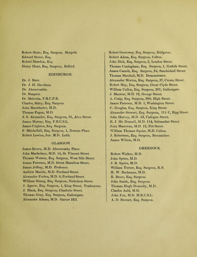 Edward Storer, Esq. Robert Hawdon, Esq. Henry Hunt, Esq. Surgeon, Belford. EDINBURGH. Dr. J. Marr. Dr. J. H. Davidson. Dr. Abercrombie. Dr. Simpson. Dr. Malcolm, F.R.C.P.E. Charles, Sidey, Esq. Surgeon. John Macwherter, M.D. Thomas Pagan, M.D. J. S. Alexander, Esq. Surgeon, 31, Alva Street. James Murray, Esq. F.R.C.S.L. James Crighton, Esq. Surgeon. P. Mitchelhill, Esq. Surgeon, 1, Downie Place. Robert Lewins, Jun. M.D. Leith. GLASGOW. James Brown, M.D. Abercromby Place. John Macfarlane, M.D. 14, St. Vincent Street. Thomas Watson, Esq. Surgeon, West Nile Street. James Paterson, M.D. Great Hamilton Street. James Jeffray, M.D. Professor. Andrew Mackie, M.D. Portland Street. Alexander Forbes, M.D. 8, Portland Street. William Strang, Esq. Surgeon, Nicholson Street. J. Agnew, Esq. Surgeon, 1, King Street, Tradestown. J. Black, Esq. Surgeon, Charlotte Street. Thomas Gray, Esq. Surgeon, Gallowgate. Alexander Adams, M.D. Garnet Hill. Robert Adam, Esq. Surgeon, Calton. John Dick, Esq. Surgeon, 2, London Street. Thomas Cuningham, Esq. Surgeon, 1, Norfolk Street. James Cassels, Esq. Surgeon, 24, Sanchiehall Street. Thomas Marshall, M.D. Demonstrator. Alexander Morton, Esq. Surgeon, 37, Crown Street. Robert Hay, Esq. Surgeon, Great Clyde Street. William Cullen, Esq. Surgeon, 287, Gallowgate. J. Mactear, M.D. 12, George Street. A. Craig, Esq. Surgeon, 288, High Street. James Paterson, M.D. 1, Washington Street. C. Douglas, Esq. Surgeon, King Street. Alexander Stewart, Esq. Surgeon, 111 C, Rigg Street. John Harvey, M.D. 43, Cadogan Street. E. J. Me Donnell, M.D. 114, Saltmarket Street. John Macewan, M.D. 12, Pitt Street. William Thomas Squier, M.D. Calton. J. Robertson, Esq. Surgeon, Broomiclaw. James Wilson, M.D. GREENOCK. Robert Walker, M.D. John Speirs, M.D. J. R. Speirs, M.D. William Turner, Esq. Surgeon, R.N. H. W. Buchauan, M.D. R. Bruce, Esq. Surgeon. John Smith, Esq. Surgeon. Thomas Hugh Donnelly, M.D. Charles Auld, M.D. John Fox, M.D. M.R.C.S.L. A. D. Stewart, Esq. Surgeon.