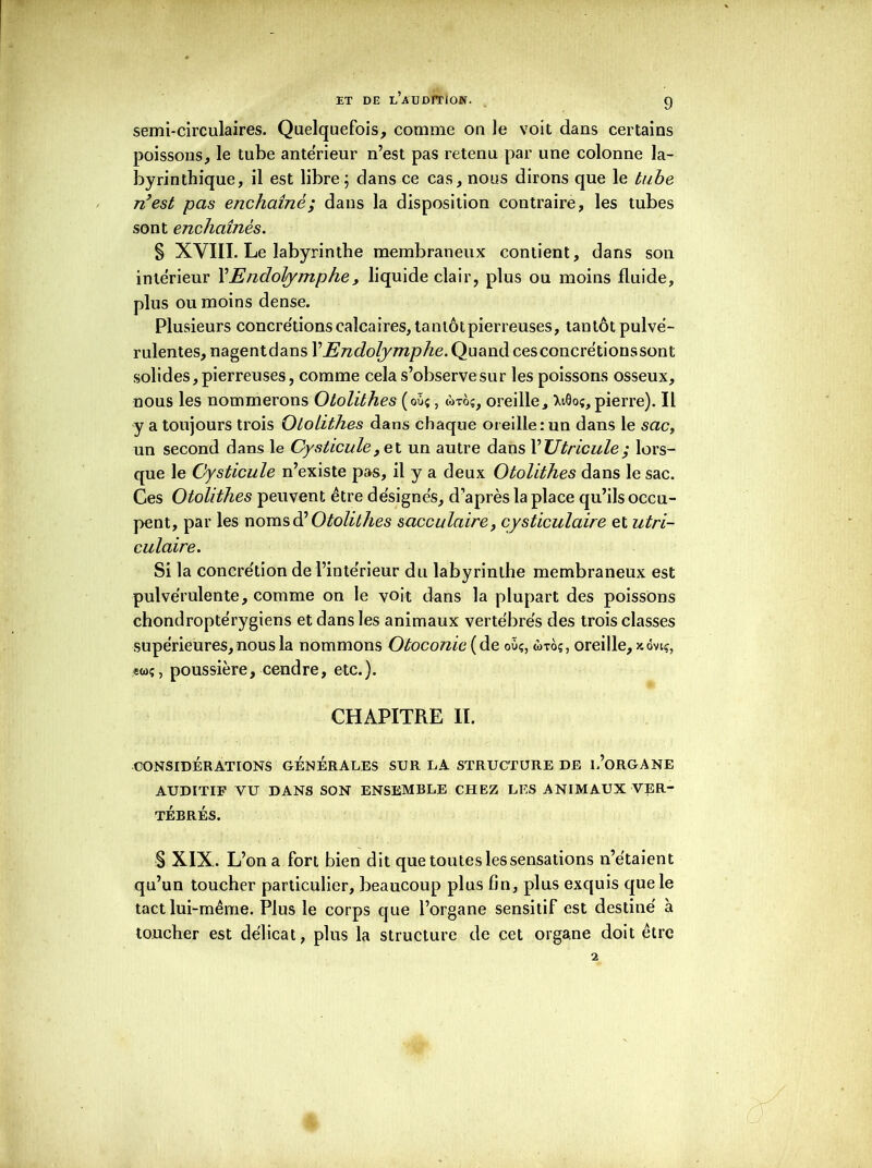 semi-circulaires. Quelquefois, comme on le voit dans certains poissons, le tube anterieur n’est pas retenu par une colonne la- byrinthique, il est libre; dans ce cas, nous dirons que le tube n’est pas enchaîné; dans la disposition contraire, les tubes sont enchaînés. § XVIII. Le labyrinthe membraneux contient, dans son intérieur YEndolymphe, liquide clair, plus ou moins fluide, plus ou moins dense. Plusieurs concrétions calcaires, tantôt pierreuses, tantôt pulvé- rulentes, nagentdans Y Endolymphe. Quand ces concrétionssont solides,pierreuses, comme cela s’observesur les poissons osseux, nous les nommerons Otolithes (où;, mtoç, oreille, Xiôoç, pierre). Il y a toujours trois Otolithes dans chaque oreille: un dans le sac, un second dans le Cysticule, et un autre dans XTJtricule; lors- que le Cysticule n’existe pas, il y a deux Otolithes dans le sac. Ces Otolithes peuvent être désignes, d’après la place qu’ils occu- pent, par les nomsd’Otolithes sacculaire, cysticulaire et utri- culaire. Si la concrétion de l’intérieur du labyrinthe membraneux est pulvérulente, comme on le voit dans la plupart des poissons chondroptérygiens et dans les animaux vertébrés des trois classes supérieures, nous la nommons Otoconie ( de oùç, ùto;, oreille, xôvtç, ew;, poussière, cendre, etc.). CHAPITRE II. CONSIDÉRATIONS GENERALES SUR LA STRUCTURE DE l.’ORGANE AUDITIF VU DANS SON ENSEMBLE CHEZ LES ANIMAUX VER- TEBRES. § XIX.. L’on a fort bien dit que toutes les sensations n’étaient qu’un toucher particulier, beaucoup plus fin, plus exquis que le tact lui-même. Plus le corps que l’organe sensitif est destiné à toucher est délicat, plus la structure de cet organe doit être