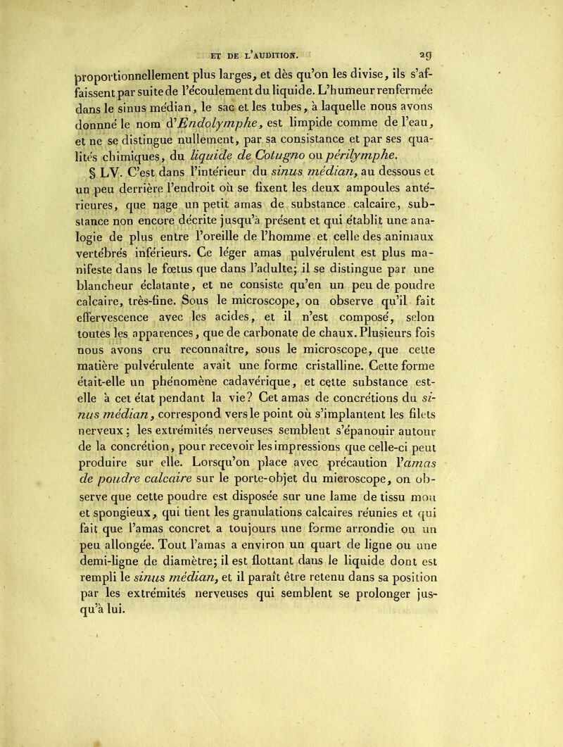 proportionnellement plus larges, et dès qu’on les divise, ils s’af- faissent par suite de l’écoulement du liquide. L’humeur renfermée dans le sinus médian, le sac et les tubes, à laquelle nous avons donnné le nom d1 Endolymphe, est limpide comme de l’eau, et ne se distingue nullement, par sa consistance et par ses qua- lités chimiques, du liquide de Cotugno oupérilymphe. § LV. C’est dans l’intérieur du sinus médian, au dessous et un peu derrière l’endroit où se fixent les deux ampoules anté- rieures, que nage un petit amas de substance calcaire, sub- stance non encore décrite jusqu’à présent et qui établit une ana- logie de plus entre l’oreille de l’homme et celle des animaux vertébrés inférieurs. Ce léger amas pulvérulent est plus ma- nifeste dans le fœtus que dans l’adulte; il se distingue par une blancheur éclatante, et ne consiste qu’en un peu de poudre calcaire, très-fine. Sous le microscope, on observe qu’il fait effervescence avec les acides, et il n’est composé, selon toutes les apparences, que de carbonate de chaux.Plusieurs fois nous avons cru reconnaître, sous le microscope, que cette matière pulvérulente avait une forme cristalline. Cette forme était-elle un phénomène cadavérique, et cette substance est- elle 'a cet état pendant la vie? Cet amas de concrétions du si- nus médian, correspond vers le point où s’implantent les filets nerveux: les extrémités nerveuses semblent s’épanouir autour de la concrétion, pour recevoir les impressions que celle-ci peut produire sur elle. Lorsqu’on place avec précaution Vamas de poudre calcaire sur le porte-objet du microscope, on ob- serve que cette poudre est disposée sur une lame de tissu mou et spongieux, qui tient les granulations calcaires réunies et qui fait que l’amas concret a toujours une forme arrondie ou un peu allongée. Tout l’amas a environ un quart de ligne ou une demi-ligne de diamètre; il est flottant dans le liquide dont est rempli le sinus médian, et il paraît être retenu dans sa position par les extrémités nerveuses qui semblent se prolonger jus- qu’à lui.