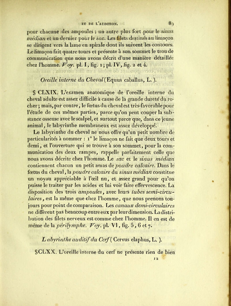 pour chacune des ampoules ; un autre plus fort pour le sinus médian et un dernier pour le sac. Les filets destines au limaçon se dirigent vers la lame en spirale dont ils suivent les contours. Le limaçon fait quatre tours et présente à son sommet le trou de communication que nous avons décrit d’une manière de'taillée chez l’homméi Voy. pl. I, fig. 1 ; pi. IV, fig. 2 et 4. Oreille interne du GVzetW(Equus caballus, L. ). S CLXÏX. L’examen anatomique de l’oreille interne du cheval adulte est assez difficile à cause de la grande durete' du ro- cher; mais, par contre, le fœtus du cheval est très-favorable pour l’étude de ces mêmes parties, parce qu’on peut couper la sub- stance osseuse avec le scalpel, et surtout parce que, dans ce jeune animal, le labyrinthe membraneux est assez développé. Le labyrinthe du cheval ne nous offre qu’un petit nombre de particularités à nommer : 1° le limaçon ne fait que deux tours et demi, et l’ouverture qui se trouve à son sommet, pour la com- munication des deux rampes, rappelle parfaitement celle que nous avons décrite chez l’homme. Le sac et le sinus médian contiennent chacun un petit amas de poudre calcaire. Dans le fœtus du cheval, la poudre calcaire du sinus médian constitue un noyau appréciable à l’œil nu, et assez grand pour qu’on puisse le traiter par les acides et lui voir faire effervescence. La disposition des trois ampoules, avec leurs tubes semi-circu- laires, est la même que chez l’homme, que nous prenons tou- jours pourpoint de comparaison. Les canaux demi-circulaires ne diffèrent pas beaucoup entre eux par leur dimension. La distri- bution des filets nerveux est comme chez l’homme. Il en est de même de la périVymphe. Voy. pl. VI, fig. 5, 6 et 7. L abyrinthe auditif du Cerf{ Cervus elaphus, L. ). §CLXX, L’oreille interne du cerf ne présente rien de bien