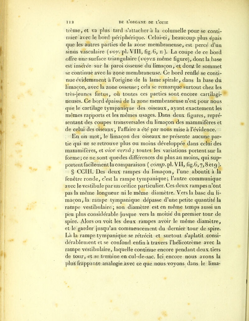 trème,et va plus tard s’attachera la columelle pour se conti- nuer avec le bord périphérique. Celui-ci, beaucoup plus épais que les autres parties de la zone membraneuse, est percé d’un sinus vasculaire ( voy. pl. VIII, fig.6, e ). La coupe de ce bord offre une surface triangulaire [voyez même figure), dont la base est insérée sur la paroi osseuse du limaçon, et domt le sommet se continue avec la zone membraneuse. Ce bord renflé se conti- nue évidemment à l’origine de la lame spirale, dans la base du limaçon, avec la zone osseuse; cela se remarque surtout chez les très-jeunes fœtus, où toutes ces parties sont encore cartilagi- neuses. Ce bord épaissi de la zone membraneuse n’est pour nous que le cartilage tympanique des oiseaux, ayant exactement les mêmes rapports et les mêmes usages. Dans deux figures, repré- sentant des coupes transversales du limaçon des mammifères et de celui des oiseaux, l’affaire a été par nous mise à l’évidence. En un mot, le limaçon des oiseaux ne présente aucune par- tie qui ne se retrouve plus ou moins développée dans celui des mammifères, et vice versa; toutes les variations portent sur la forme; ce ne sont quedes différences du plus au moins, qui sup- portent facilement la comparaison ( comp. pl. VII, fig.6,7,8 et9 ). § CC1I1. Des deux rampes du limaçon, l’une aboutit à la fenêtre ronde, c’est la rampe tympanique; l’autre communique avec le vestibule par un orifice particulier. Ces deux rampes n’ont pas la même longueur ni le même diamètre. Vers la base du li- maçon, la rampe tympanique dépasse d’une petite quantité la rampe vestibulaire ; son diamètre est en même temps aussi un peu plus considérable jusque vers la moitié du premier tour de spire. Alors on voit les deux rampes avoir le même diamètre, et le garder jusqu’au commencement du dernier tour de spire. La la rampe tympanique se rétrécit et surtout s’aplatit consi- dérablement et se confond enfin à travers l’hélicotrème avec la rampe vestibulaire, laquelle continue encore pendant deux tiers de tour, et se termine en cul-de-sac. Ici encore nous avons la plus frappante analogie.avec ce que nous voyons dans le lima-