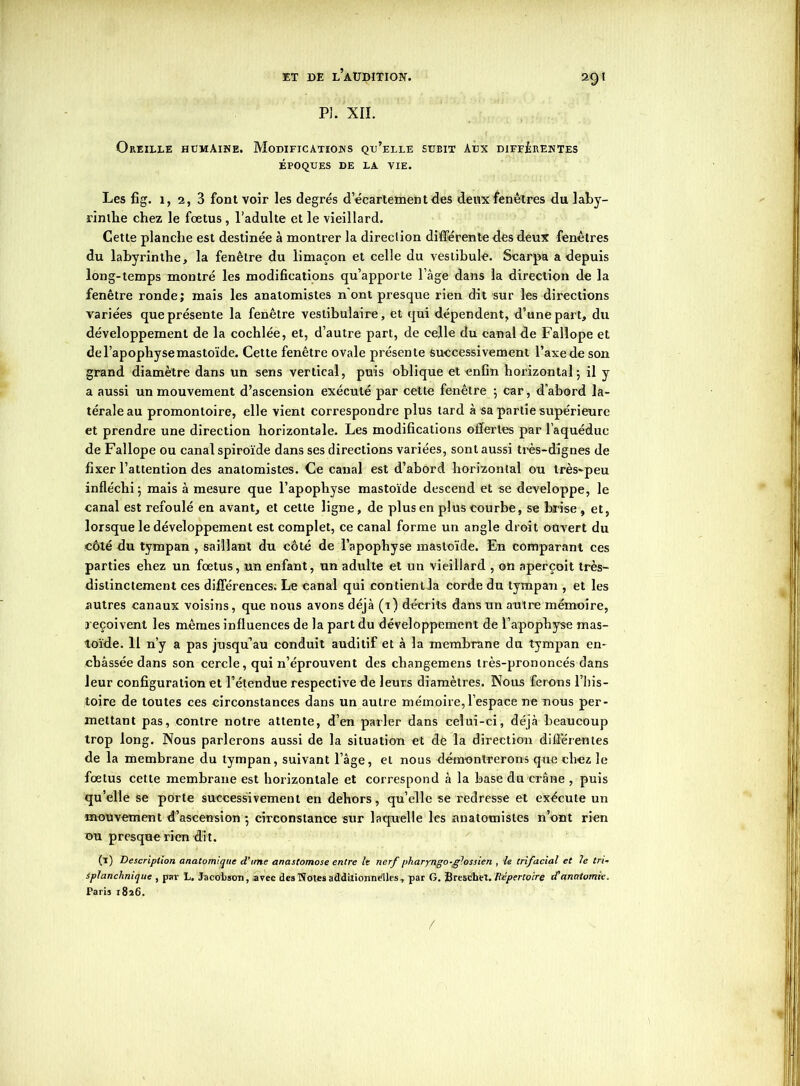 PL XII. Oreille humaine. Modifications qu’elle sueit Aux différentes ÉPOQUES DE LA VIE. Les fig. 1, 2, 3 font voir les degrés d’écartement des deux fenêtres du laby- rinthe chez le fœtus , l’adulte et le vieillard. Cette planche est destinée à montrer la direction différente des deux fenêtres du labyrinthe, la fenêtre du limaçon et celle du vestibule. Scarpa a depuis long-temps montré les modifications qu’apporte l’âge dans la direction de la fenêtre ronde; mais les anatomistes n'ont presque rien dit sur les directions variées que présente la fenêtre vestibulaire, et qui dépendent, d’une part, du développement de la cochlée, et, d’autre part, de celle du canal de Fallope et de l’apophyse mastoïde. Cette fenêtre ovale présente successivement l’axe de son grand diamètre dans un sens vertical, puis oblique et enfin horizontal; il y a aussi un mouvement d’ascension exécuté par cette fenêtre ; car, d’abord la- térale au promontoire, elle vient correspondre plus tard à sa partie supérieure et prendre une direction horizontale. Les modifications offertes par l’aquédue de Fallope ou canal spiroïde dans ses directions variées, sont aussi très-dignes de fixer l’attention des anatomistes. Ce canal est d’abord horizontal ou très-peu infléchi; mais à mesure que l’apophyse mastoïde descend et se développe, le canal est refoulé en avant, et cette ligne, de plus en plus courbe, se brise, et, lorsque le développement est complet, ce canal forme un angle droit ouvert du côté du tympan , saillant du côté de l’apophyse mastoïde. En comparant ces parties ehez un fœtus, un enfant, un adulte et un vieillard , on aperçoit très- distinctement ces différences. Le canal qui contient la corde du tympan , et les autres canaux voisins, que nous avons déjà (1) décrits dans un autre mémoire, reçoivent les mêmes influences de la part du développement de l’apophyse mas- toïde. Il n’y a pas jusqu’au conduit auditif et à la membrane du tympan en- châssée dans son cercle, qui n’éprouvent des changemens très-prononcés dans leur configuration et l’étendue respective de leurs diamètres. Nous ferons l’his- toire de toutes ces circonstances dans un autre mémoire, l’espace ne nous per- mettant pas, contre notre attente, d’en parler dans celui-ci, déjà beaucoup trop long. Nous parlerons aussi de la situation et de la direction différentes de la membrane du tympan, suivant l’âge, et nous démontrerons que chez le fœtus cette membrane est horizontale et correspond à la base du crâne , puis qu’elle se porte successivement en dehors, qu’elle se redresse et exécute un mouvement d’ascension ; circonstance sur laquelle les anatomistes n’ont rien du presque rien dit. (1) Description anatomique d’une anastomose entre It nerf pharyngo-glossien , le trifacial et le tri- Splanchnique , par L. Jacobson, avec des Notes additionnelles, par G. Breschet. Répertoire d’anatomie. Paris 1826.