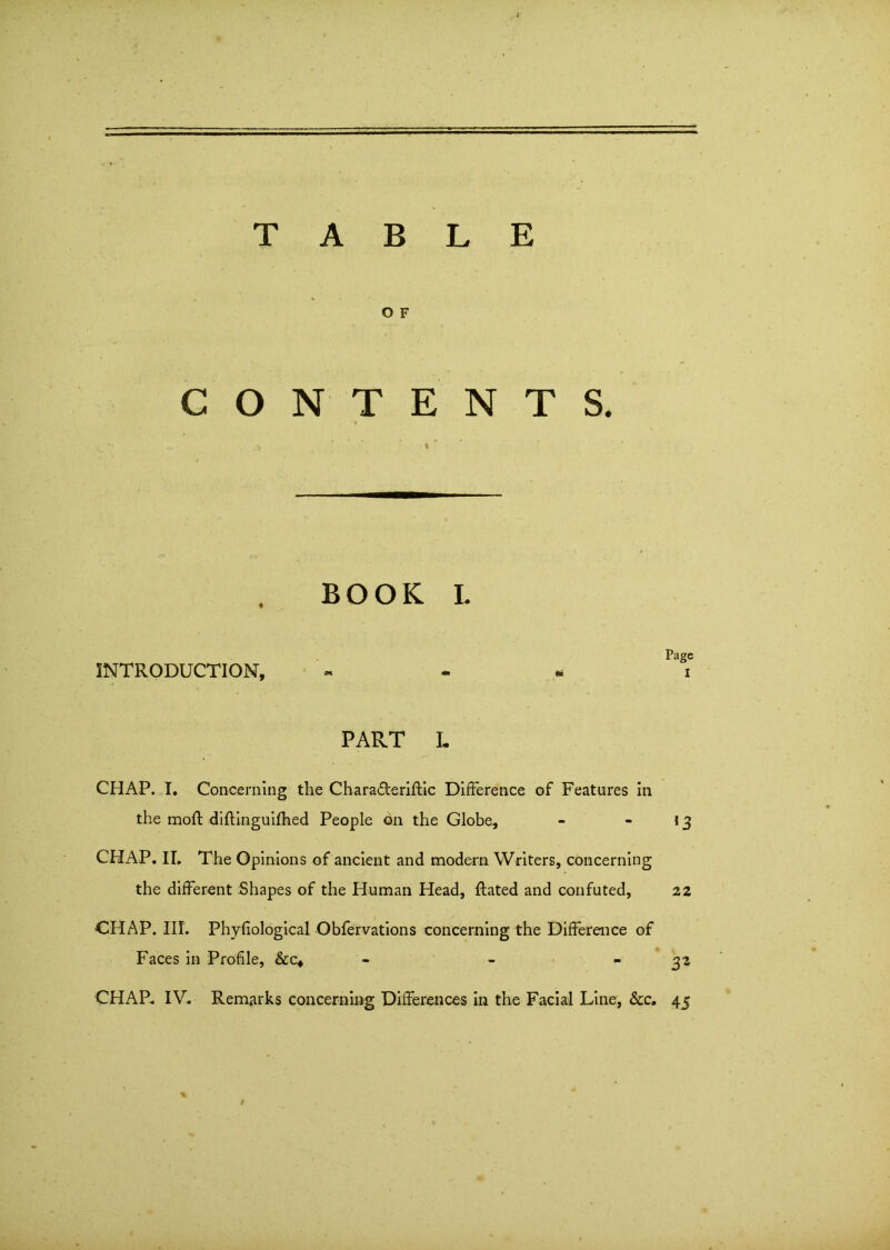 TABLE O F CONTENTS. BOOK I. Page INTRODUCTION, - : PART L CHAP. I. Concerning the Chara&eridic Difference of Features in the mod didinguifhed People on the Globe, - - 13 CHAP. II. The Opinions of ancient and modern Writers, concerning the different Shapes of the Human Head, dated and confuted, 22 CHAP. III. Phyfiological Obfervations concerning the Difference of Faces in Profile, &c4 - - - 32 CHAP. IV. Remarks concerning Differences in the Facial Line, &c. 45