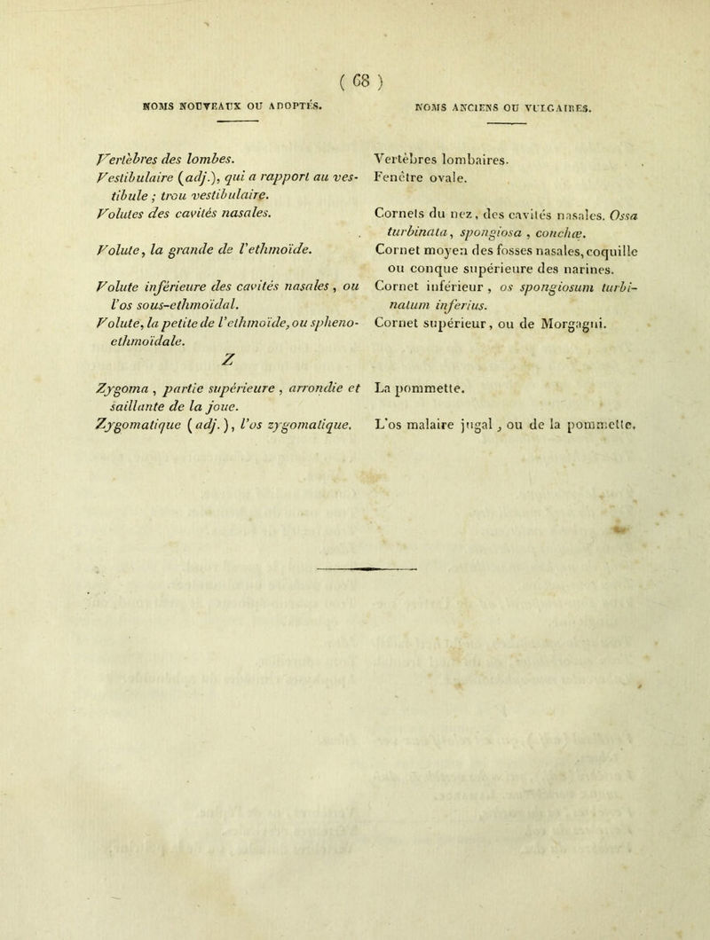 Vertèbres des lombes. Veslibulaire (adj.), qui a rapport au ves- tibule ; trou vestibulaire. Volutes des cavités nasales. Volute, la grande de Vethmoïde. Volute inférieure des cavités nasales , ou Vos sous-ethmoidal. Volute, la petite de V ethmoïde,ou splieno- elhmoïdale. Z Zygoma , partie supérieure , arrondie et saillante de la joue. Zygomatique ( adj. ), Vos zygomatique. Vertèbres lombaires. Fenêtre ovaie. Cornets du nez, des cavités nasales. Ossa turbinala, spongiosa , conclue. Cornet moyen des fosses nasales, coquille ou conque supérieure des narines. Cornet inférieur , os spongiosum turbi- natum inferius. Cornet supérieur, ou de Morgagni. La pommette. L’os malaire jugal ,, ou de la pommette,