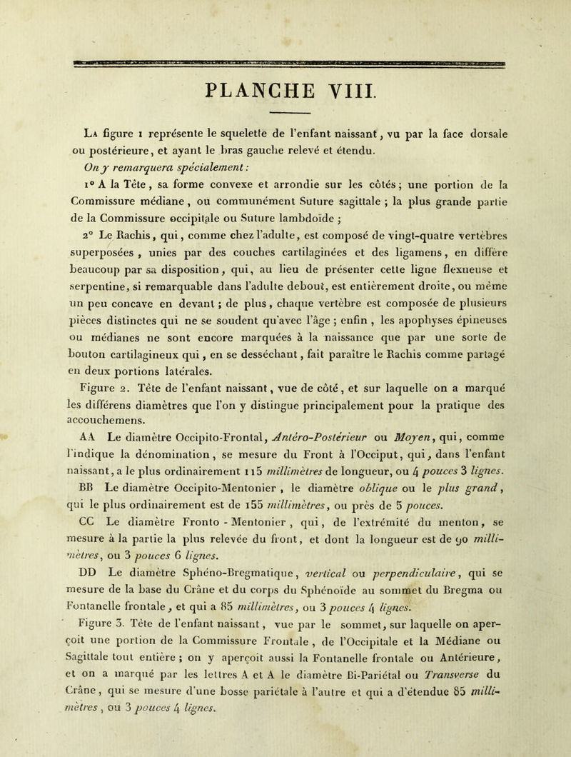 PLANCHE VIII. La figure i représente le squelette de l’enfant naissant, vu par la face dorsale ou postérieure, et ayant le bras gauche relevé et étendu. On y remarquera spécialement : i° A la Tête, sa forme convexe et arrondie sur les côtés; une portion de la Commissure médiane , ou communément Suture sagittale ; la plus grande partie de la Commissure occipitale ou Suture lambdoïde ; 2° Le Rachis, qui, comme chez l’adulte, est composé de vingt-quatre vertèbres superposées , unies par des couches cartilaginées et des ligamens, en diffère beaucoup par sa disposition, qui, au lieu de présenter cette ligne flexueuse et serpentine, si remarquable dans l’adulte debout, est entièrement droite, ou même un peu concave en devant ; de plus, chaque vertèbre est composée de plusieurs pièces distinctes qui ne se soudent qu’avec l’âge ; enfin , les apophyses épineuses ou médianes ne sont encore marquées à la naissance que par une sorte de bouton cartilagineux qui, en se desséchant, fait paraître le Rachis comme partagé en deux portions latérales. Figure 2. Tête de l’enfant naissant, vue de côté, et sur laquelle on a marqué les différens diamètres que l’on y distingue principalement pour la pratique des aceouchemens. AA Le diamètre Occipito-Frontal, Antéro-Postérieur ou Moyen, qui, comme l’indique la dénomination, se mesure du Front à l’Occiput, qui, dans l’enfant naissant, a le plus ordinairement 115 millimètres de longueur, ou 4 pouces 3 lignes. BB Le diamètre Occipito-Mentonier , le diamètre oblique ou le plus grand, qui le plus ordinairement est de 155 millimètres, ou près de 5 pouces. CC Le diamètre Fronto - Mentonier , qui, de l’extrémité du menton, se mesure à la partie la plus relevée du front, et dont la longueur est de 90 milli- mètres, ou 3 pouces 6 lignes. DD Le diamètre Sphéno-Bregmatique, vertical ou perpendiculaire, qui se mesure de la base du Crâne et du corps du Sphénoïde au sommet du Bregma ou Fontanelle frontale, et qui a 85 millimètres, ou 3 pouces i\ lignes. Figure 3. Tète de l’enfant naissant, vue par le sommet, sur laquelle on aper- çoit une portion de la Commissure Frontale , de l’Occipitale et la Médiane ou Sagittale tout entière; on y aperçoit aussi la Fontanelle frontale ou Antérieure, et on a marqué par les lettres A et A le diamètre Bi-Pariétal ou Transverse du Crâne, qui se mesure d’une bosse pariétale à l’autre et qui a d’étendue 85 milli- mètres , ou 3 pouces 4 lignes.