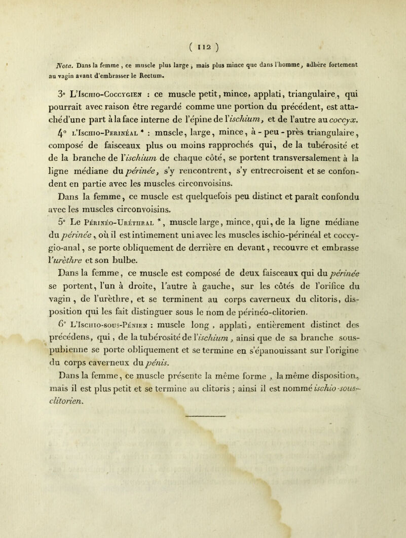 Nota. Dans la femme , ce muscle plus large , mais plus mince que dans 1 homme, adhère fortement au vagin avant d’embrasser le Rectum. 3° L’Ischio-Coccygieü : ce muscle petit, mince, applati, triangulaire, qui pourrait avec raison être regardé comme une portion du précédent, est atta- chéd’une part à la face interne de l’épine de Xischium, et de l’autre au coccyx. 4° l’Isciiio-Perinéal * : muscle, large, mince, à-peu-près triangulaire, composé de faisceaux plus ou moins rapprochés qui, de la tubérosité et de la branche de Xischium de chaque côté, se portent transversalement à la ligne médiane du périnée 3 s’y rencontrent, s’y entrecroisent et se confon- dent en partie avec les muscles circonvoisins. Dans la femme, ce muscle est quelquefois peu distinct et paraît confondu avec les muscles circonvoisins. 5° Le Périnéo-Urétiiral *, muscle large, mince, qui, de la ligne médiane du périnée, où il est intimement uni avec les muscles ischio-périnéal et coccy- gio-anal, se porte obliquement de derrière en devant, recouvre et embrasse Y urèthre et son bulbe. Dans la femme, ce muscle est composé de deux faisceaux qui du périnée se portent, l’un à droite, l’autre à gauche, sur les côtés de l’orifice du vagin, de l’urèthre, et se terminent au corps caverneux du clitoris, dis- position qui les fait distinguer sous le nom de périnéo-clitorien. 6° L’Ischio-sous-Pénien : muscle long , applati, entièrement distinct des précédens, qui, de la tubérosité de Xischium , ainsi que de sa branche sous- pubienne se porte obliquement et se termine en s’épanouissant sur l’origine du corps caverneux du pénis. Dans la femme, ce muscle présente la même forme , la même disposition., mais il est plus petit et se termine au clitoris ; ainsi il est nommé ischio -sous- clitorien.