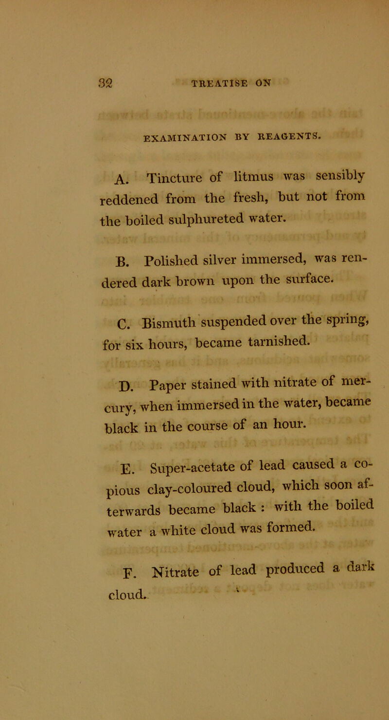 EXAMINATION BY REAGENTS. A. Tincture of litmus was sensibly reddened from the fresh, but not from the boiled sulphureted water. B. Polished silver immersed, was ren- dered dark brown upon the surface. C. Bismuth suspended over the spring, for six hours, became tarnished. D. Paper stained with nitrate of mer- cury, when immersed in the water, became black in the course of an hour. E. Super-acetate of lead caused a co- pious clay-coloured cloud, which soon af- terwards became black : with the boiled water a white cloud was formed. F. Nitrate of lead produced a dark cloud.