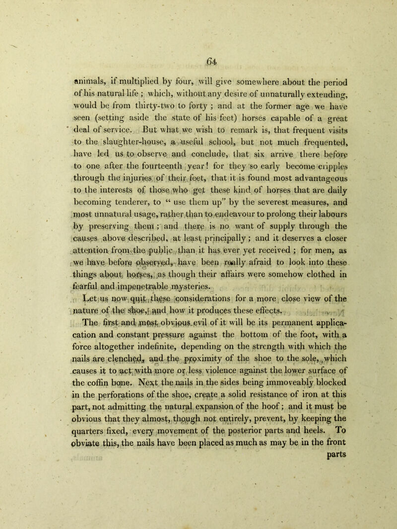 animals, if multiplied by four, will give somewhere about the period of his natural life ; which, without any desire of unnaturally extending, would be from thirty-two to forty ; and at the former age we have seen (setting aside the state of his feet) horses capable of a great deal of service. But what we wish to remark is, that frequent visits to the slaughter-house, a useful school, but not much frequented, have led us to observe and conclude, that six arrive there before to one after the fourteenth year ! for they so early become cripples through the injuries of their feet, that it is found most advantageous to the interests of those who get these kind of horses that are daily becoming tenderer, to “ use them up” by the severest measures, and most unnatural usage, rather than to endeavour to prolong their labours by preserving them ; and there is no want of supply through the causes above described, at least principally; and it deserves a closer attention from.the public than it has ever yet received ; for men, as we have before observed*- have been really afraid to look into these things about hog£e§, as though their affairs were somehow clothed in fearful and impenetrable mysteries. Let us now qqijy these considerations for a more close view of the nature of the shoe,* and how it produces these effects. The first and most obvious.evil of it will be its permanent appli- cation and constant pressure against the bottom of the foot, with a force altogether indefinite, depending on the strength with which the nails are clenched, and the proximity of the shoe to the sole, .which causes it to act with more or less violence against the lower surface of the coffin bone. Ne^t the nails in the sides being immoveably blocked in the perforations of the shoe, create a solid resistance of iron at this part, not admitting the natural expansion of the hoof; and it must be obvious that they almost, though not entirely, prevent, by keeping the quarters fixed, every movement of the posterior parts and heels. To obviate this, the nails have been placed as much as may be in the front parts