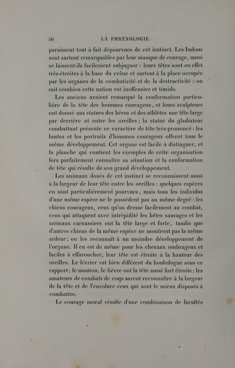 paraissent tout à fait dépourvues de cet instinct. Les Indous sont surtout remarquables par leur manque de courage, aussi se-laissent-ils facilement subjuguer : leurs têtes sont en effet très-étroites à la base du crâne et surtout à la place occupée par les organes de la combativité et de la destructivité : on sait combien cette nation est inoffensive et timide. Les anciens avaient remarqué la conformation particu- lière de la tête des hommes courageux, et leurs sculpteurs ont donné aux statues des héros et des athlètes une tête large par derrière et entre les oreilles ; la statue du gladiateur combattant présente ce caractère de tête très-prononcé : les bustes et les portraits d'hommes courageux offrent tous le même développement. Cet organe est facile à distinguer, et la planche qui contient les exemples de cette organisation fera parfaitement connaître sa situation et la conformation de tête qui résulte de son grand développement. Les animaux doués de cet instinct se reconnaissent aussi à la largeur de leur tête entre les oreilles : quelques espèces en sont particulièrement pourvues, mais tous les individus d’une même espèce ne le possèdent pas au même degré : les chiens courageux, ceux qu'on dresse facilement au combat, ceux qui attaquent avec intrépidité les bêtes sauvages et les animaux carnassiers ont la tête large et forte, tandis que d'autres chiens de la même espèce ne montrent pas la même ardeur ; on les reconnaît à un moindre développement de l'organe. Il en est de même pour les chevaux ombrageux et faciles à effaroucher, leur tête est étroite à la hauteur des oreilles. Le lévrier est bien différent du bouledogue sous ce rapport; le mouton, le lièvre ont la tête aussi fort étroite; les amateurs de combats de coqs savent reconnaître à la largeur de la tête et de l'encolure ceux qui sont le mieux disposés à combattre. | Le courage moral résulte d’une combinaison de facultés