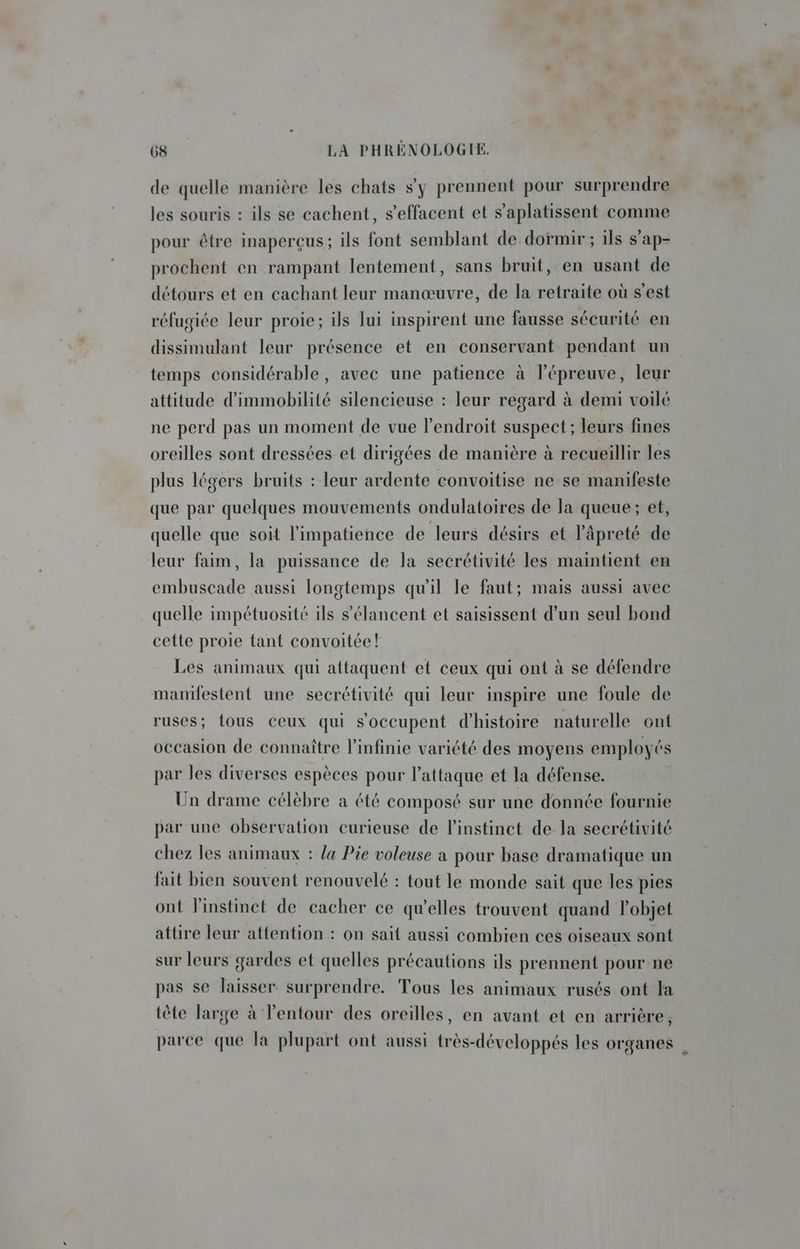 de quelle manière les chats s'y prennent pour surprendre les souris : ils se cachent, s’effacent et s’aplatissent comme pour être inaperçus; ils font semblant de dormir ; ils s'ap- prochent en rampant lentement, sans bruit, en usant de détours et en cachant leur manœuvre, de la retraite où s’est réfugiée leur proie; ils lui inspirent une fausse sécurité en dissimulant leur présence et en conservant pendant un temps considérable, avec une patience à l'épreuve, leur attitude d’immobilité silencieuse : leur regard à demi voilé ne perd pas un moment de vue l'endroit suspect; leurs fines oreilles sont dressées et dirigées de manière à recueillir les plus légers bruits : leur ardente convoitise ne se manifeste que par quelques mouvements ondulatoires de la queue; et, quelle que soit l'impatience de leurs désirs et âpreté de leur faim, la puissance de la secrétivité les maintient en embuscade aussi longtemps qu'il le faut; mais aussi avec quelle impétuosité ils s'élancent et saisissent d’un seul bond cette proie tant convoitée! Les animaux qui attaquent et ceux qui ont à se défendre manifestent une secrétivité qui leur inspire une foule de ruses; fous ceux qui s'occupent d'histoire naturelle ont occasion de connaître l’infinie variété des moyens employés par les diverses espèces pour l’attaque et la défense. Un drame célèbre a été composé sur une donnée fournie par une observation curieuse de l'instinct de la secrétivité chez les animaux : la Pie voleuse à pour base dramatique un fait bien souvent renouvelé : tout le monde sait que les pies ont l'instinct de cacher ce qu’elles trouvent quand l'objet attire leur attention : on sait aussi combien ces oiseaux sont sur leurs gardes et quelles précautions ils prennent pour ne pas se laisser surprendre. Tous les animaux rusés ont la tête large à l'entour des oreilles, en avant et en arrière, parce que la plupart ont aussi très-développés les organes