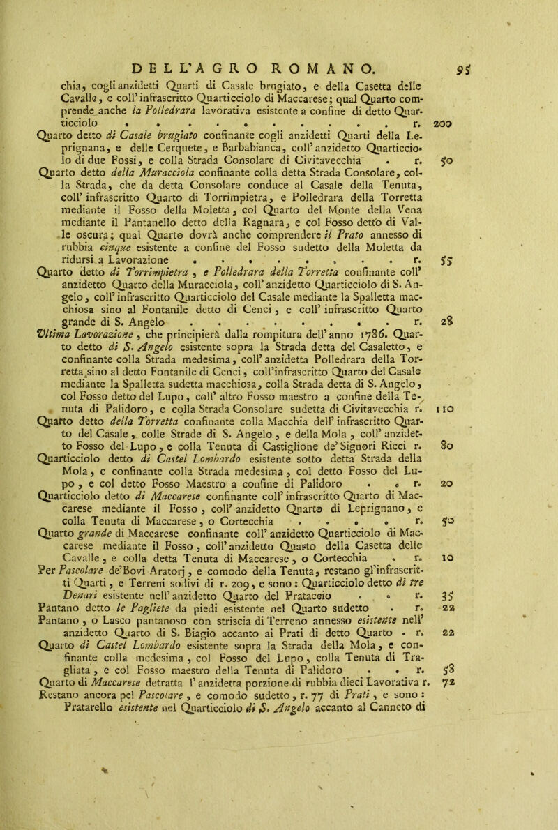 chia, cogli anzidetti Quarti di Gasale brugiato, e della Casetta delle Cavalle, e coll’infrascritto Quarticciolo di Maccarese; qual Quarto com- prende anche la Folledrara lavorativa esistente a confine di detto Quar- ricciolo • . r. Quarto detto di Casale brugiato confinante cogli anzidetti Quarti della Le- prignana, e delle Cerquete, e Barbabianca, coll’anzidetto Quarticcio- io di due Fossi, e colla Strada Consolare di Civitavecchia . r. Quarto detto della Muracciola confinante colla detta Strada Consolare, col- la Strada, che da detta Consolare conduce al Casale della Tenuta, coll’infrascritto Quarto di Torrimpietra, e Folledrara della Torretta mediante il Fosso della Moietta, col Quarto del Monte della Vena mediante il Pantanello detto della Ragnara, e col Fosso detto di Val- le oscura; qual Quarto dovrà anche comprendere// Prato annesso di rubbia cinque esistente a confine del Fosso sudetto della Moietta da ridursi a Lavorazione • r. Quarto detto di Torrimpietra , e Folledrara della Torretta confinante coll* anzidetto Quarto della Muracciola, coll’anzidetto Quarticciolo di S. An- gelo, coll’infrascritto Quarticciolo del Casale mediante la Spalletta mac- chiosa sino al Fontanile detto di Cenci, e coll’ infrascritto Quarto grande di S. Angelo ........ r. Vltima Lavorazione , che principierà dalla rompitura dell’anno 1786. Quar- to detto di S. Angelo esistente sopra la Strada detta del Casaletto, e confinante colla Strada medesima, coll’anzidetta Polledrara della Tor- retta asino al detto Fontanile di Cenci, colPinfrascritto Quarto del Casale mediante la Spalletta sudetta macchiosa, colla Strada detta di S. Angelo, col Fosso detto del Lupo, coll’ altro Fosso maestro a confine della Te- nuta di Palidoro, e colla Strada Consolare sudetta di Civitavecchia r. Quarto detto della Torretta confinante colla Macchia dell’ infrascritto Quar- to del Casale , colle Strade di S. Angelo , e della Mola , coll’ anzidet- to Fosso del Lupo, e colla Tenuta di Castiglione de’Signori Ricci r. Quarticciolo detto di Castel Lombardo esistente sotto detta Strada della Mola, e confinante colla Strada medesima, col detto Fosso del Lu- po , e col detto Fosso Maestro a confine di Palidoro . o r. Quarticciolo detto dì Maccarese confinante coll’ infrascritto Quarto di Mac- carese mediante il Fosso , coll’ anzidetto Quarto di Leprignano, e colla Tenuta di Maccarese, o Cortecchia . . • * r. Quarto grande di Maccarese confinante coll’ anzidetto Quarticciolo di Mac- carese mediante il Fosso, coll’anzidetto Quarto della Casetta delle Cavalle, e colla detta Tenuta di Maccarese, o Cortecchia « r. Per Pascolare de’Bovi Aratorj, e comodo della Tenuta, restano gl’infrascrit- ti Quarti, e Terreni sodivi di r. 209, e sono : Quarticciolo detto ài tre Denari esistente nell’anzidetto Quarto del Prataceio . « r- Pantano detto le Paglieto da piedi esistente nel Quarto sudetto . r. Pantano , o Lasco pantanoso con striscia di Terreno annesso esistente nell’ anzidetto Quarto di S. Biagio accanto ai Prati di detto Quarto . r. Quarto di Castel Lo?nbardo esistente sopra la Strada della Mola, e con- finante colla medesima, col Fosso del Lupo, colla Tenuta di Tra- gitta , e col Fosso maestro della Tenuta di Palidoro . . r. Quarto di Maccarese detratta l’anzidetta porzione di rubbia dieci Lavorativa r, Restano ancora pel Pascolare , e comodo sudetto, r. 77 di Prati, e sono : Pratarello esistente nel Quarticciolo di *S. Aggelo accanto al Canneto di * / 200 ss 2% 1 io 80 20 IO 3S 22 22 SS 72