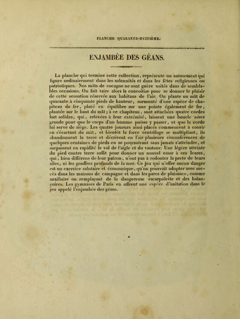 ENJAMBÉE DES GÉANS. La planche qui termine cette collection, représente un amusement qui ligure ordinairement dans les solennités et dans les fêtes religieuses ou patriotiques. Nos nuits de cocagne ne sont guère usités dans de sembla- i)les occasions. On fait taire alors la convoitise pour se donner le plaisir de cette sensation réservée aux liabitans de l’air. On plante un mât de quarante à cinquante jîieds de hauteur, surmonté d’une espèce de cha- piteau de fer, placé en équilibre sur une pointe également de fer, plantée sur le haut du mât; à ce chapiteau , sont attachées quatre cordes fort solides, qui, relevées à leur extrémité, laissent une boucle as’sez grande pour que le corps d’un homme puisse y passer, et que la corde lui serve de siège. Les quatre joueurs ainsi placés commencent à courir en s’écartant du mât, et bientôt la force centrifuge se multipliant, ils abandonnent la terre et décrivent en l’air plusieurs circonférences de quelques centaines de pieds en se poxjrsuivant sans jamais s’atteindre, et surpassent en rapidité le vol de l’aigle et du vautour. Une légère atteinte du pied contre terre suffit pour donner un nouvel essor à ces Icares, qui, bien différens de leur patron, n’ont pas à redouter la perte de leurs ailes, ni les gouffres profonds de la mer. Ce jeu qui n’offre aucun danger est un exercice salutaire et économique, qu’on pourrait adopter avec suc- cès dans les maisons de campagne et dans les parcs de plaisance, comute auxiliaire ou remplaçant de la dangereuse escarpolette et des balan- çoires. Les gymnases de Paris en ofl’rent une espèce d’imitation dans le jeu appelé l’enjambée des géans.