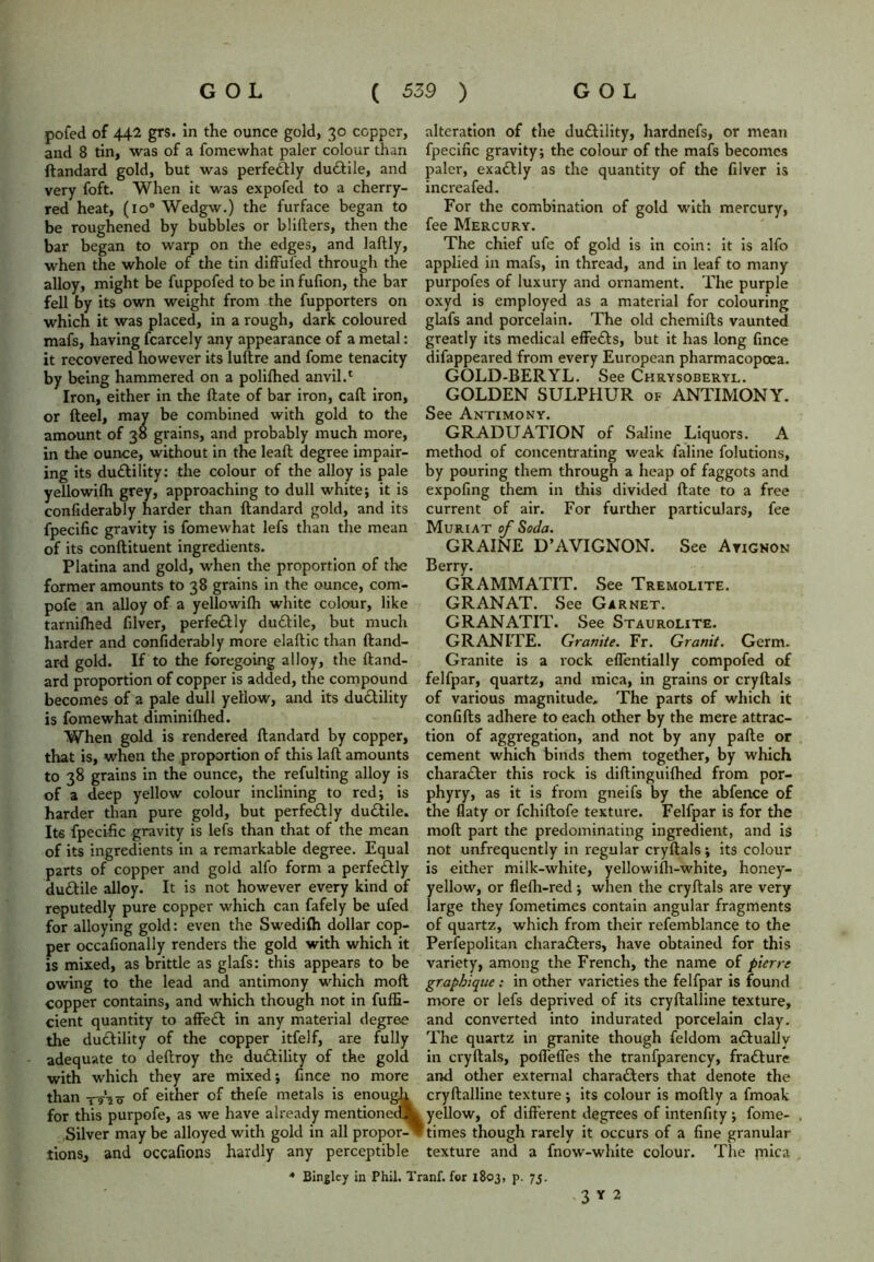pofed of 442 grs. in the ounce gold, 30 copper, and 8 tin, was of a fomewhat paler colour than ftandard gold, but was perfectly dudtile, and very foft. When it was expofed to a cherry- red heat, (io° Wedgw.) the furface began to be roughened by bubbles or blifters, then the bar began to warp on the edges, and laftly, when the whole of the tin difful'ed through the alloy, might be fuppofed to be in fufion, the bar fell by its own weight from the fupporters on which it was placed, in a rough, dark coloured mafs, having fcarcely any appearance of a metal: it recovered however its luftre and fome tenacity by being hammered on a polifhed anvil.1 Iron, either in the ftate of bar iron, call iron, or fteel, may be combined with gold to the amount of 30 grains, and probably much more, in the ounce, without in the leaft degree impair- ing its ductility: the colour of the alloy is pale yellowifh grey, approaching to dull white; it is confiderably harder than ftandard gold, and its fpecific gravity is fomewhat lefs than the mean of its conftituent ingredients. Platina and gold, when the proportion of the former amounts to 38 grains in the ounce, com- pofe an alloy of a yellowifh white colour, like tarnifhed filver, perfectly dudtile, but much harder and confiderably more elaftic than ftand- ard gold. If to the foregoing alloy, the ftand- ard proportion of copper is added, the compound becomes of a pale dull yellow, and its ductility is fomewhat diminifhed. When gold is rendered ftandard by copper, that is, when the proportion of this laft amounts to 38 grains in the ounce, the refulting alloy is of a deep yellow colour inclining to red; is harder than pure gold, but perfectly duCtile. Its fpecific gravity is lefs than that of the mean of its ingredients in a remarkable degree. Equal parts of copper and gold alfo form a perfectly duCtile alloy. It is not however every kind of reputedly pure copper which can fafely be ufed for alloying gold: even the Swedifh dollar cop- per occafionally renders the gold with which it is mixed, as brittle as glafs: this appears to be owing to the lead and antimony which moft copper contains, and which though not in fuffi- cient quantity to affeCt in any material degree the duCtility of the copper itfelf, are fully adequate to deftroy the duCtility of the gold with which they are mixed; fince no more than TT20 of either of thefe metals is enough for this purpofe, as we have already mentioned.^ Silver may be alloyed with gold in all propor-^1 lions, and occafions hardly any perceptible alteration of the duCtility, hardnefs, or mean fpecific gravity; the colour of the mafs becomes paler, exaCtly as the quantity of the filver is increafed. For the combination of gold with mercury, fee Mercury. The chief ufe of gold is in coin: it is alfo applied in mafs, in thread, and in leaf to many purpofes of luxury and ornament. The purple oxyd is employed as a material for colouring glafs and porcelain. The old chemifts vaunted greatly its medical effects, but it has long fince difappeared from every European pharmacopoea. GOLD-BERYL. See Chrysoberyl. GOLDEN SULPHUR of ANTIMONY. See Antimony. GRADUATION of Saline Liquors. A method of concentrating weak faline folutions, by pouring them through a heap of faggots and expofing them in this divided ftate to a free current of air. For further particulars, fee Muriat of Soda. GRAINE D’AVIGNON. See Avignon Berry. GRAMMATIT. See Tremolite. GRANAT. See Garnet. GRANATIT. See Staurolite. GRANITE. Granite. Fr. Granit. Germ. Granite is a rock efientially compofed of felfpar, quartz, and mica, in grains or cryftals of various magnitude. The parts of which it confifts adhere to each other by the mere attrac- tion of aggregation, and not by any pafte or cement which binds them together, by which character this rock is diftinguilhed from por- phyry, as it is from gneifs by the abfence of the flaty or fchiftofe texture. Felfpar is for the moft part the predominating ingredient, and is not unfrequently in regular cryftals ; its colour is either milk-white, yellowifh-white, honey- yellow, or flefh-red; when the cryftals are very large they fometimes contain angular fragments of quartz, which from their refemblance to the Perfepolitan characters, have obtained for this variety, among the French, the name of pierre grapbique: in other varieties the felfpar is found more or lefs deprived of its cryftalline texture, and converted into indurated porcelain clay. The quartz in granite though feldom actually in cryftals, poffeffes the tranfparency, fraCture and other external characters that denote the cryftalline texture; its colour is moftly a fmoak yellow, of different degrees of intenfity; fome- times though rarely it occurs of a fine granular texture and a fnow-white colour. The plica * Bindley in Phil. Tranf. for 1803, p. 75. 3 Y 2