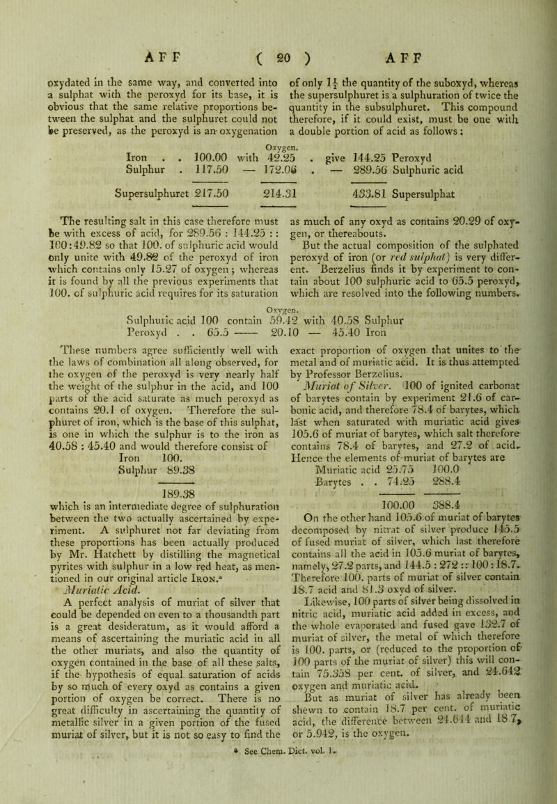 oxydated in the same way, and converted into of only If the quantity of the suboxyd, whereas a sulphat with the peroxyd for its base, it is the supersulphuret is a sulphuration of twice the obvious that the same relative proportions be- quantity in the subsulphuret. This compound tween the sulphat and the sulphuret could not therefore, if it could exist, must be one with be preserved, as the peroxyd is an- oxygenation a double portion of acid as follows ; Iron Sulphur 100.00 117.50 Oxygen. with 42.25 — 172.06 Supersulphuret 217.50 214.31 give 144.25 Peroxyd — 289.56 Sulphuric acid 433.81 Supersulphat The resulting salt in this case therefore must be with excess of acid, for 289.56 : 144.25 : : 100:49.82 so that 100. of sulphuric acid would Only unite with 49.82 of the peroxyd of iron which contains only 15.27 of oxygen ; whereas it is found by all the previous experiments that 100. of sulphuric acid requires for its saturation as much of any oxyd as contains 20.29 of oxy- gen, or thereabouts. But the actual composition of the sulphated peroxyd of iron (or red sulphat) is very differ- ent. Berzelius finds it by experiment to con- tain about 100 sulphuric acid to 65.5 peroxyd, which are resolved into the following numbers.- Oxygen. Sulphuric acid 100 contain 59.42 with 40.58 Sulphur Peroxyd . . 65.5 20.10 — 45.40 Iron These numbers agree sufficiently well with the laws of combination all along observed, for the oxygen of the peroxyd is very nearly half the weight of the sulphur in the acid, and 100 parts of the acid saturate as much peroxyd as contains 20.1 of oxygen. Therefore the sul- phuret of iron, which is the base of this sulphat, is one in which the sulphur is to the iron as 40.58 : 45.40 and would therefore consist of Iron 100. Sulphur 89.3S 189.38 which is an intermediate degree of sulphuration between the two actually ascertained by expe- riment. A sulphuret not far deviating from these proportions has been actually produced by Mr. Hatchett by distilling the magnetical pyrites with sulphur in a low red heat, as men- tioned in our original article Iron.1 JSluriam: Acid. A perfect analysis of muriat of silver that could be depended on even to a thousandth part is a great desideratum, as it would afford a means of ascertaining the muriatic acid in all the other muriats, and also the quantity of oxygen contained in the base of all these salts, if the hypothesis of equal saturation of acids by so much of every oxyd as contains a given portion of oxygen be correct. There is no great difficulty in ascertaining the quantity of metallic silver in a given portion of the fused muriat of silver, but it is not so easy to find the exact proportion of oxygen that unites to the metal and of muriatic acid. It is thus attempted by Professor Berzelius. Muriat of Silver. 100 of ignited carbonat of barytes contain by experiment 21.6 of car- bonic acid, and therefore 78.4 of barytes, which last when saturated with muriatic acid giveif 105.6 of muriat of barytes, which salt therefore contains 78.4 of barytes, and 27.2 of acid- Hence the elements of muriat of barytes are Muriatic acid 25.75 100.0 Barytes . . 74.-25 288.4 100.00 388.4 On the other hand 105.6 of muriat of barytes decomposed by nitrat of silver produce 145.5 of fused muriat of silver, which last therefore contains all the acid in 105.6 muriat of barytes, namely, 27.2 parts, and 144.5 : 272 :r 100:18.7. Therefore 100. parts of muriat of silver contain 18.7 acid and 8J.3 oxyd of silver. Likewise, 100 parts of silver being dissolved in nitric acid, muriatic acid added in excess, and the whole evaporated and fused gave 132.7 of muriat of silver, the metal of which therefore is 100. parts, or (reduced to the proportion of- 100 parts of the muriat of silver) this will con- tain 75.358 per cent, of silver, and 24.64^ oxygen and muriatic acid. But as muriat of silver has already been shewn to contain 18.7 per cent, of muriatic acid,, the difference between 24.644 and 18 7* or 5.942, is the oxygen. » See Cheru. Diet. vol. 1.