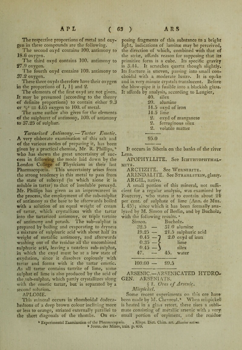 The respective proportions of metal and oxy- gen in these compounds are the following. The second oxyd contains 100. antimony to 18.G oxygen. The third oxyd contains 100. antimony to 27.9 oxygen. The fourth oxyd contains 100. antimony to 37.2 oxygen. These three oxyds therefore have their oxygen in the proportions of 1, ly and 2. The elements of the first oxyd are not given. It may be presumed (according to the theory of definite proportions) to contain either 9.3 or %3 — 4.G5 oxygen to 100. of metal. The same author also gives for the elements of the suiphuret of antimony, 100. of antimony to 37.25 of sulphur. Tartarhcd Antimony. — Tartar Emetic. A very elaborate examination of this salt and of the various modes of preparing it, has been given by a practical chemist, Mr. R. Phillips,b who has shewn the great uncertainty of suc- cess in following the mode laid down by the London College of Physicians in their last Pharmacopoeia. This uncertainty arises from the strong tendency in this metal to pass from the state of suboxyd (in which alone it is soluble in tartar) to that of insoluble peroxyd. Mr. Phillips has given as an improvement in the process, the employment of the sub-sulphat of antimony as the base to be afterwards boiled with a solution of an equal weight of cream of tartar, which crystallizes with the tartar into the tartarized antimony, or triple tartrite of antimony and potash. The sub-sulphat is prepared by boiling and evaporating to dryness a mixture of sulphuric acid with about half its weight of metallic antimony, and afterwards washing out of the residue all the uncombined sulphuric acid, leaving a tasteless sub-sulphat, in which the oxyd must be at a low state of oxydation, since it dissolves copiously with tartar and forms wdth it the tartar emetic. As all tartar contains tartrite of lime, some sulphat of lime is also produced by the acid of the,sub-sulphat, which partly crystallizes along with the emetic tartar, but is separated by a second solution. APLOME. This mineral occurs in rhomboidal dodeca- hedrons of a deep brown colour inclining more or less to orange, striated externally parallel to the short diagonals of the rhombs. On ex- posing fragments of this substance to a bright light, indications of laminae may be perceived, the direction of which, combined with that of the striae, affords reason for supposing that its primitive form is a cube. Its specific gravity is 3.44. It scratches quartz though slightly. Its fracture is uneven, passing into small con- choidal with a moderate lustre. It is opake and in very minute crystals translucent. Before the blow-pipe it is fusible into a blackish glass. It affords by analysis, according to Laugier, 40. si lex 20. alumine 14.5 oxyd of iron 14.5 lime 2. oxyd of manganese 2. ferruginous si lex 2. volatile matter 95.0 It occurs in Siberia on the banks of the river Lena. APOPHYLLITE. See Ichthyophthal- MITE. ARCTIZITE. See Wernerite. ARENDALITE. See Strahlstein, glassy. ARGIL, native. A small portion of this mineral, not suffi- cient for a regular analysis, was examined by Fourcroy, who states it to contain about 24 per cent, of sulphate of lime (Ann. de Mus. I. 45); since which it has been formally ana- lyzed by M. Simon of Berlin, and by Bucholz, with the following results.1 Simon. Bucholz. 32.5 — 31 0 alumine 19.25 — 21.5 sulphuric acid 0.45 —1 2.0 oxyd of iron 0.35 — > lime 0.45 —j silex 47. ■—• 45. water 100.00 — 99.5 ARSENIC.—ARSENICATED HYDRO- GEN. ARSENI ATS. § 1. Ores of Arsenic. Mispickel. Some recent experiments on this ore have been made by M. Chevreul.k When mispickel is heated in a glass retort, there rises a subli- mate consisting of metallic arsenic with a very small portion of orpiment, and the residue k Experimental Examination of the Pharm?.copaeia. a Klapr. Diet. Chim. art. /thimine nathe. b Journ. des Mines, xxix. p. 459.