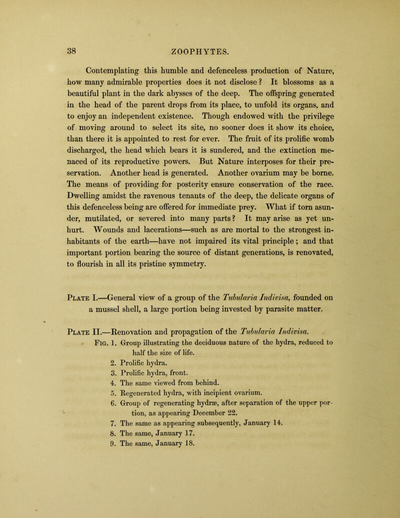 Contemplating this humble and defenceless production of Nature, how many admirable properties does it not disclose ? It blossoms as a beautiful plant in the dark abysses of the deep. The offspring generated in the head of the parent drops from its place, to unfold its organs, and to enjoy an independent existence. Though endowed with the privilege of moving around to select its site, no sooner does it show its choice, than there it is appointed to rest for ever. The fruit of its prolific womb discharged, the head which bears it is sundered, and the extinction me- naced of its reproductive powers. But Nature interposes for their pre- servation. Another head is generated. Another ovarium may be borne. The means of providing for posterity ensure conservation of the race. Dwelling amidst the ravenous tenants of the deep, the delicate organs of this defenceless being are offered for immediate prey. What if torn asun- der, mutilated, or severed into many parts ? It may arise as yet un- hurt. Wounds and lacerations—such as are mortal to the strongest in- habitants of the earth—have not impaired its vital principle; and that important portion bearing the source of distant generations, is renovated, to flourish in all its pristine symmetry. Plate I.—General view of a group of the Tubularia Indivisa, founded on a mussel shell, a large portion being invested by parasite matter. Plate II.—Renovation and propagation of the Tubularia Indivisa. Fig. 1. Group illustrating the deciduous nature of the hydra, reduced to half the size of life. 2. Prolific hydra. 3. Prolific hydra, front. 4. The same viewed from behind. 5. Regenerated hydra, with incipient ovarium. 6. Group of regenerating hydrae, after separation of the upper por- tion, as appearing December 22. 7. The same as appearing subsequently, January 14. 8. The same, January 17. 9. The same, January 18.