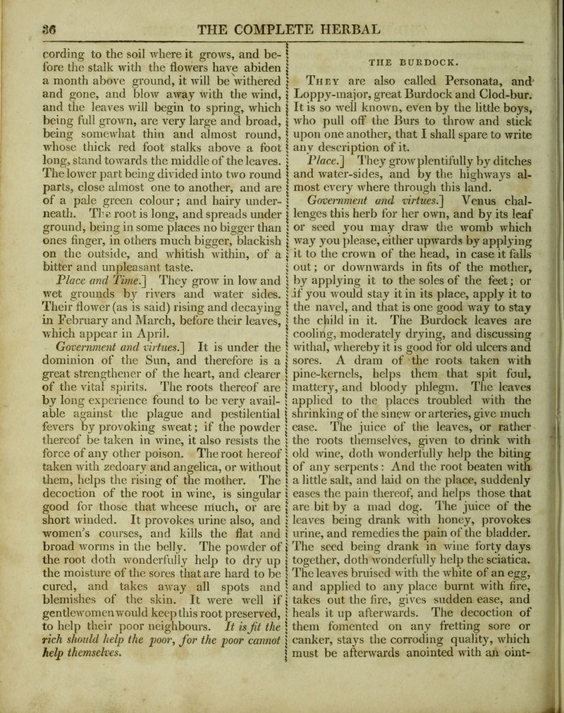 cording to the soil where it grows, and be- fore the stalk with the flowers have abiden a month above ground, it will be withered and gone, and blow away with the wind, and the leaves will begin to spring, which being full grown, are very large and broad, being somewhat thin and almost round, whose thick red foot stalks above a foot long, stand towards the middle of the leaves. The lower part being divided into two round parts, close tdmost one to another, and are of a pale green colour; and hairy under- neath. The root is long, and spreads under ground, being in some places no bigger than ones finger, in others much bigger, blackish on the outside, and whitish within, of a bitter and unpleasant taste. Place and Ti)ne.~\ They grow in low and wet grounds by rivers and Avater sides. Their flower (as is said) rising and decaying in February and March, before their leaves, which appear in April. Government and. virtues.^ It is under the dominion of the Sun, and therefore is a great strengthener of the heart, and clearer of the vital spirits. The roots thereof are by long experience found to be very avail- able against the plague and pestilential fevers by provoking sweat; if the powder thereof be taken in wine, it also resists the force of any other poison. The root hereof taken with zedoary and angelica, or Avithout them, helps the rising of the mother. The decoction of the root in Avine, is singular good for those that Avheese much, or are short Avinded. It provokes urine also, and women^s courses, and kills the flat and broad Avorms in the belly. The poAvder of the root doth Avonderfuliy help to dry up the moisture of the sores that are hard to be cured, and takes aAvay all spots and blemishes of the skin. It Avere well if gentlcAvomen would keep this root preserved, to help their poor neighbours. It is Jit the rich should help the poor, Jor the poor cannot help themselves. THE BURDOCK. They are also called Personata, and‘ Loppy-major, great Burdock and Clod-bur. It is so Avell knoAvn, even by the little boys, Arho pull off the Burs to throw and stick upon one another, that I shall spare to write any description of it. Place.'] They groAVplentifully by ditches and Avater-sides, and by the higliAvays al- most every Avhere through this land. Government and virtues.] Venus chal- lenges this herb for her OAvn, and by its leaf or seed you may draw the womb wLich Avay you please, either upAvards by applying it to the crown of the head, in case it falls out; or dowiiAvards in fits of the mother, by applying it to the soles of the feet; or if you Avoifld stay it in its place, apply it to the naA^el, and that is one good Avay to stay the child in it. The Burdock leaves are cooling, moderately drying, and discussing Avithal, Avhereby it is good for old ulcers and sores. A dram of the roots taken Avith pine-kernels, helps them that spit foul, mattery, and bloody phlegm. The leaves applied to the places troubled Avith the shrinking of the sincAv or arteries, give much ease. The juice of the leaves, or rather the roots themselves, given to drink Avith old Avine, doth Avonderfully help the biting of any serpents : And the root beaten Avitli a little salt, and laid on the place, suddenly eases the pain thereof, and helps those that are bit by a mad dog. The juice of the leaves being drank Avith honey, provokes urine, and remedies the pain of the bladder. The seed being drank in Avine forty days together, doth Avonderfully help the sciatica. The leaves bruised Avith the Avhite of an egg, and applied to any place burnt Avith fire, takes out the fire, gives sudden ease, and heals it up aftei’Avards. The decoction of them fomented on any fretting sore or canker, staj^s the corroding quality, Avhich must be afterAvards anointed with ah oint*