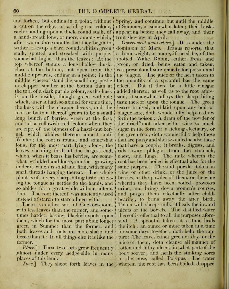 and forked, hut ending in a ])oint, without : Spring, and continue but until the middle a cut on the edge, of a full gi’ecn colour, \ ot‘Summer, or somewhat later ; their husks each standing upon a thick round stalk, of j appearing before they fall away, and their a hand-breatli long, or more, among which, j fruit sliewing in April, after two or three months that they begin to } (jovenwicnt and viritics.~\ It is under the wither, rises up a bare, round, whitish green i dojninion of Alars. Tragus reports, that stalk, spoltetl and streaked with purple, • a dram weight, or more, if need be, of the somewhat higher than the leaves ; At the i spotted Wake Robin, either fresh and top wlu'reof stands a long hollow husk, i green, or dried, being eaten and taken, close at the bottom, but o})en from the i is a ])resent and sure remedy for j)oison and middle upwards, ending in a ])oint; in the 1 the plague. The juice of the herb token to middle whereof stand the small long pestle ! the (piantity of a spoonful has the same or clapper, smaller at the bottom than at \ effect. But if then* be a little vinegar the top, of a dark purple colour, as the husk j added thereto, as well as to the root afore- is on the inside, though green without;; said, it somewhat allays the sharp biting which, after it hath so abided for sometime, 1 taste thereof upon the tongue. The green the husk with the clapper decays, and the 1 leaves bruised, and laid u[)on any boil or foot or bottom thereof grows to be a small * j)lague sore, doth wonderfully help to draw long bunch of berries, green at the first, 1 forth the poison: A dram of the })Owder of and of a vellowish red colour when thev 5 the dried root taken with twice so much are ripe, of the bigness of a hazel-nut ker- i sugar in the form of a licking electuary, or nel, which abides thereon almost until i the green root, doth wonderfully help those Winter; the root is round, and somewhat 1 that are pursy and short-winded, as also those long, for the most part lying along, the j that iiave a cough ; it breaks, digests, and leaves shooting forth at the largest end, j rids away phlegm from the stomach, which, when it bears his berries, are some- ; chest, and lungs. The milk wherein the what wrinkled and loose, another growinn- ; root has been boiled is effectual also for the under it, which is solid and firm, with many same purpose. The. said powder token in small threads hanging thereat. The whole : Avine or otlier drink, or the juice of the plant is of a A^ry sharp biting taste, prick- \ lierries, or the jAOAvder of them, or the Avine ing the tongue as nettles do the hands, and ; Avhcrcin they have been boiled, provokes so abides for a great Avhile Avithout altera- i urine, and brings down Avomen’s courses, tion. The root thereof Avas anciently used \ and purges them effectually after child- instead of starch to starch linen Avith. | bearing, to bring away the after birth. There is anotlu'r sort of CuckoAV-point, \ 'raken Avith sheeps milk, it heals the iiiAvard Avith less leaves than the former, and some- 1 ulcers of the boAvi'ls. The distilled AA'ater times harder, having blackish spots upon i thereof is effectual to all the ])urposes afore- them, Avhich for the most part abide longer ; said. A spoonful taken at a time heals green in Summer than the former, and \ the itch ; an ounce or more taken at a time both leaves and roots are more sharj) and i for some days togetluT, doth help the rup- fierce than it: In all things else it is like the \ ture : The leaves eillier green or dry, or the former. \ juice of them, doth cleanse all manner of P/acc.] These tAvo sorts groAv frecpiently j rotten and filthy ulcers, in AA'hat part of the ^almost under every hedge-side in many | body soever; and heals the stinking sores places of this land. jin the nose, called Polypus. The AA'ater Tinic.l They shoot forth leaves in the 1 Avherein the root has been boiled, dropped