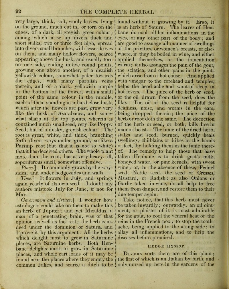 very large, thick, soft, wooly leaves, lying on the ground, much cut in, or torn on the edges, of a dark, ill grejdsh green colour; among which arise up divers thick and short stalks, two or three feet high, spread into divers small branches, with lesser leaves on them, and many hollow flowers, scarce appearing above the husk, and usually torn on one side, ending in five round points, growing one above another, of a deadish yellowish colour, somewhat paler towards the edges, with many purplish veins therein, and of a dark, j^ellowish purple in the bottom of the flower, with a small point of the same colour in the middle, each of them standing in a hard close husk, which after the flowers are past, grow very like the husk of Asarabacca, and some- what sharp at the top points, wherein is contained much small seed, very like Poppy Seed, but of a duskj, greyish colour. The root is great, white, and thick, branching forth divers ways under ground, so like a Parsnip root (but that it is not so white) that it has deceived others. The whole plant more than the root, has a very heavy, ill, soporiferous smell, somewhat offensive. P/ace.] It commonly grows by the wa}’^- sides, and under hedge-sides and walls. Time^ It flowers in July, and springs again yearly of its own seed. I doubt my authors mistook July for June, if not for May. Governmeiit and virtues.'] I wonder how astrologers could take on them to make this an herb of Jupiter; and yet Mizaldus, a man of a penetrating brain, was of that opinion as well as the rest; the herb is in- deed under the dominion of Saturn, and I'prove it by this argument: All the herbs which delight most to grow in Saturnine places, are Saturnine herbs. Both Hen- bane delights most to grow in Saturnine places, and wdiole cart loads of it may be found near the places where they empty the common Jakes, and scarce a ditch to be found without it growing by it. Ergo, it is an herb of Saturn. The leaves of Hen- bane do cool all hot inflammations in the eyes, or any other part of the body ; and are good to assuage all manner of swellings of the privities, or women's breasts, or else- where, if they be boiled in wine, and either applied themselves, or the fomentation* warm; it also assuages the pain of the gout, the sciatica, and other pains in the joints which arise from a hot cause. And applied with vinegar to the forehead and temples, helps the head-ache and want of sleep in hot fevers. The juice of the herb or seed, or the oil drawn from the seed, does the like. The oil of the seed is helpful for deafness, noise, and Mwms in the ears, being dropped therein; the juice of the herb or root doth the same. The decoction of the herb or seed, or both, kills lice in man or beast. Tlie fume of the dried herb, stalks and seed, burned, quickly heals swellings, chilblains or kibes in the hands or feet, by holding them in the fume there- of. The remedy to help those that have taken Henbane is to drink goat’s milk, honeyed water, or pine kernels, with sAveet Avine; or, in the alDsence of these. Fennel seed. Nettle seed, the seed of Cresses, Mustard, or Radish; as also Onions or Garlic taken in Avine, do all help to free them from danger, and restore them to their due temper again. Take nolice, that this herb must never be taken iiiAvardly; outAvardly, an oil oint- ment, or plaister of it, is most admirable for the gout, to cool the veneral heat of the reins in the French pox; to stop the tooth- ache, being applied to the aking side; to allay all inflammations, and to help the diseases before premised. HEDGE HYSSOP. Divers sorts there are of this plant; the first of Avhich is an Italian by birth, and only nursed up here in the gardens of the