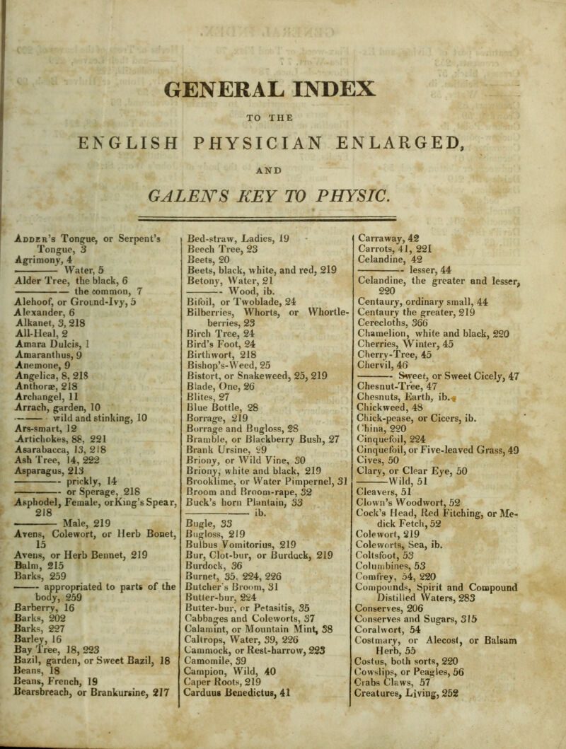 GENERAL INDEX TO THE ENGLISH PHYSICIAN ENLARGED, AND GALEN'S KEY TO PHYSIC. Adder’s Tongue, or Serpent’s Tongue, 3 Agrimony, 4 Water, 5 Alder Tree, the black, 6 the common, 7 Alehoof, or Grotnd-Ivy, 5 Alexander, 6 Alkanet, 3, 218 All-Heal, 2 Amara Dulcis, 1 Araaranthus, 9 Anemone, 9 Angelica, 8, 218 Anthorae, 218 Archangel, 11 Arrach, garden, 10 vrild and stinking, 10 Ars-smart, 12 A.rticliokes, 88, 221 Asarabacca, 13, 218 Ash Tree, 14, 222 Asparagus, 213 prickly, 14 —— or Sperage, 218 Asphodel, Female, orKing’s Spear, 218 • Male, 219 Avens, Colewort, or Herb Bonet, 15 Avens, or Herb Bennet, 219 Balm, 215 Barks, 259 —— appropriated to parts of the body, 259 Barberry, 16 Barks, 202 Barks, 227 Barley, 16 Bay Tree, 18, 223 Bazil, garden, or Sweet Bazil, 18 Beans, 18 Beans, French, 19 Bearsbrcach, or Brankursine, 217 Bed-straw, Ladies, 19 Beech Tree, 23 Beets, 20 Beets, black, white, and red, 219 Betony, Water, 21 Wood, ib. Bitbil, or Twoblade, 24 Bilberries, Whorts, or Whortle- berries, 23 Birch Tree, 24 Bird’s Foot, 24 Birth wort, 218 Bishop’s-Weed, 25 Bistort, or Snakeweed, 25, 219 Blade, One, 26 Blites, 27 Blue Bottle, 28 Borrage, 219 Borrage and Bugloss, 28 Bramble, or Blackberry Bush, 27 Brank Ursine, 29 Briony, or Wild Vine, SO Briony, white and black, 219 Brooklime, or Water Pimpernel, 31 Broom and Broom-rape, 32 Buck’s horn Plantain, S3 ib. Bugle, 33 Bugloss, 219 Bulbus Vomitorius, 219 Bur, Clot-bur, or Burdock, 219 Burdock, 36 Burnet, 35, 224, 226 Butcher’s Broom, 31 Butter-bur, 224 Butter-bur, or Petasitis, 35 Cabbages and Coleworts, 37 Calamint, or Mountain Mint, 38 Caltrops, Water, 39, 226 Cammock, or Rest-harrow, 223 Camomile, 39 Campion, Wild, 40 Caper Roots, 219 CarduuB Benedictus, 41 Carraway, 42 Carrots, 41, 221 Celandine, 42 • lesser, 44 Celandine, the greater and lesser, 220 Centaury, ordinary small, 44 Centaury the greater, 219 Cerecloths, 366 Chamelion, white and black, 220 Cherries, Winter, 45 Cherry-Tree, 45 Chervil, 46 S^yeet, or Sweet Cicely, 47 Chesnut-Tree, 47 Chesnuts, Earth, ib.^ Chickweed, 48 Chick-pease, or Cicers, ib. (Tina, 220 Cinquefoil, 224 Cinquefoil, or Five-leaved Grass, 49 Cives, 50 Clary, or Clear Eye, 50 —Wild, 51 Cleavers, 51 Clown’s Woodwort, 52 Cock’s Head, Red Pitching, or Me- dick Fetch, 52 Colewort, 219 Coleworts, Sea, ib. Coltsfoot, 53 Columbines, 53 Comfrey, 54, 220 Compounds, Spirit and Compound Distilled Waters, 283 Conserves, 206 Conserves and Sugars, 315 Coralwort, 54 Costmary, or Alecost, or Balsam Herb, 55 Costus, both sorts, 220 Cowslips, or Peagles, 56 Crabs Claws, 57 Creatures, Living, 252