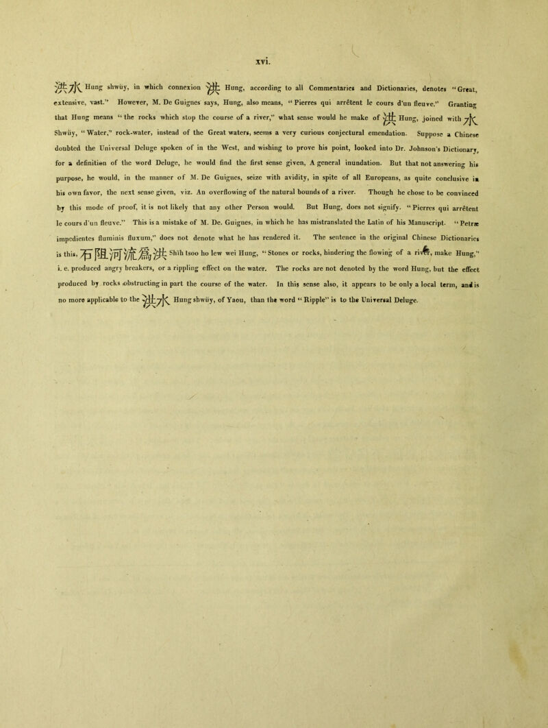 shwiiy, in which connexion N^t Hung, according to all Commentaries and Dictionaries, denotes 4< Great, extensive，vast.” Howeyer, M. De Guignes says, Hung, also means, “ Pierres qui arretent le cours d’un fleuve.” Granting that Hung means “ the rocks which stop the course of a river,what sense would he make of 'jttt Hung, joined with Shwuy, u Water,M rock-water, instead of the Great waters, seems a very curious conjectural emendation. Suppose a Chinese doubted the Universal Deluge spoken of in the West, and wishing to prove his point, looked into Dr. Johnson's Dictionarj,, for a definitien of the word Deluge, he would find the first sense given, A general inundation. But that not answering his purpose, he would, in the manner of M. De Guignes, seize with avidity, in spite of all Europeans, as quite conclusive in his own favor, the next sense giyen, viz. An overflowing of the natural bounds of a river. Thou芪h he chose to be coirvinced bj this mode of proof, it is not likely that any other Person would. But Hung, does not signify. u Pierres qui arretent le cours d’un fleuve.” This is a mistake of M. De. Guignes, in which he has mistranslated the Latin of his Manuscript. “Petr* impedientes flummis fluxuai，’，does not denote what be has rendered it. The sentence in the original Chinese Dictionaries is this, JIR ypjSMh tsoo ho lew wei Hung, 44 Stones or rocks, hindering the flowing of a ri\^, make Hung/* i. e. produced angry breakers, or a rippling effect on the water. The rocks are not denoted by the word Hung, but the effect produced by rocks obstructing in part the course of the water. In thi$ sense also, it appears to be only a local term, anil is no more applicable to the Hung shwiiy, of Yaou，than th« word “ Ripple” is to the UnWcrsal Deluge.