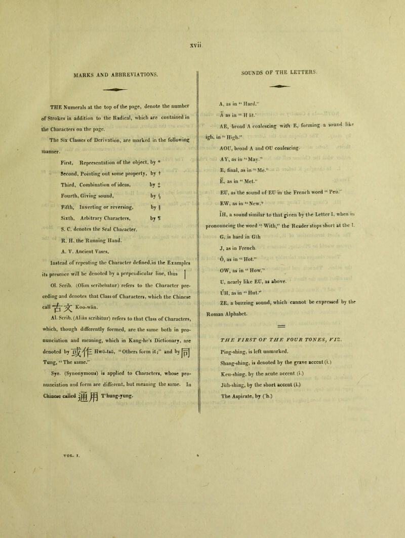 MARKS AND ABBREVIATIONS. SOUNDS OF THE LETTERS. THE Numerals at the top of the page, denote the number of Strokes in addition to the Radical, which are contained in the Characters on the page. The Six Classes of Derivation, are marked in the following manner. First, Representation of the object, by * Second, Pointing out some property, by 十 Third, Combination of ideas, bj Fourth, Giving sound, by ^ Fifth, Inverting or reversing, by 〇 Sixth, Arbitrary Characters, by H S. C. denotes the Seal Character. R. H. the Running Hand. A. V. Ancient Vases. Instead of repeating the Character defined,in the Examples its presence will be denoted by a perpendicular line, thus 01. Scrib. (Olim scribebatur) refers to the Character pre- ceding and denotes that Class of Characters, which the Chinese call古文 Koo-wan. Al. Scrib. (Alias scribitur) refers to that Class of Characters, which, though differently formed, are the same both in pro- nunciation and meaning, which in Kang-he's Dictionarj, are denoted by j乍 Hwo-tso, uOthers form it；,? and by Jpj Tung, “The same*’’ Sjn. (Synonymous) is applied to Characters, whose pro- nunciation and form are different, but meaning the same. In Chiue^e called 涌用 T’hung-yung. A4 as in u Hard.'1 A as in cc H at.' AE, broad A coalescing with E, forming a sound like igh, in “ High.” AOU, broad A and OU coalescing. A Y，as iu “ May.” E, final, as in 44 Me.J, E, as in “ Met.” EU, as the sound of EU in the French word u Peu/ EW, as in “ New.’’ 1H, a sound similar to that given by the Letter I, when \n pronouncing the word u With,?, the Reader stops short at the I. G, is hard in Gih J, as in French, d，as in “ Hot.” OW，as in “ How.” U, nearly like EU, as above. H, as in “ Hut.，， ZE, a buzzing sound, which cannot be expressed by the Roman Alphabet. THE FIRST OF THE FOUR TONES, riZ. Ping-shing, is left unmarked. Shang-shing, is denoted by the grave accent (i.) Keu-shing, by the acute accent (i.) Jiih-shing, by the short accent (1.) The Aspirate，by ( h.)