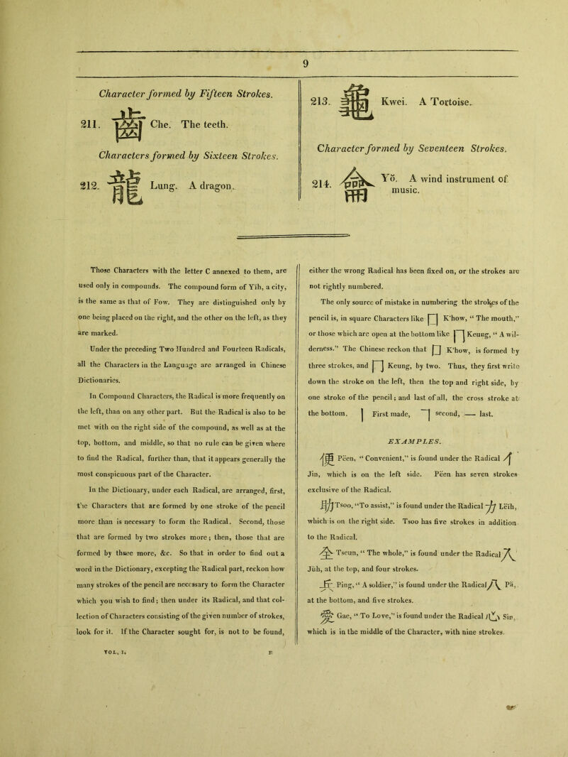 Character formed by Fifteen Strokes. 211. Che. The teeth. Characters formed by Sixteen Strokes. 212. s^>Ss Lung. A dragon. i 213。 Kwei. A Tortoise。 Character formed by Seventeen Strokes. 214. Y5, A wind instrument music. Those Characters with the letter C annexed to them, are used only in compounds. The compound form of Yih, a city, is the same as that of Fow. They are distinguished only by one being placed on the right, and the other on the left, as they arc marked。 Under the preceding Twa Hundred and Fourteen Radicals, all the Characters in the Language are arranged in Chinese Dictionaries. In Compound Characters, the Radical is more frequently on the left, than on any other part. But the Radical is also to be met with on the right side of the compound, as well as at the top, bottom, and middle, so that no rule can be giren where to find the Radical, further than, that it appears generally the most conspicuous part of the Character. In the Dictionary, under each Radical, are arranged, first, t'>e Characters that are formed by one stroke of the pencil more than is necessary to form the Radical. Second, those that are formed by two strokes more； then, those that are formed by thuee more, &c. So that in order to find out a word in the Dictionary, excepting the Radical part, reckon how many strokes of the pencil are necessary to form the Character which you wish to find； then under its Radical, and that col- lection of Characters consisting of the giVen number of strokes, look for it. If the Character sought for, is not to be found, either the wrong Radical has been fixed on, or the strokes are not rightly numbered. The only source of mistake in numbering the strokes of the pencil is, in square Characters like |~~| K’how，“ The mouth，，， or those which are open at the bottom like |^j Keung, u A wil- derness.5, The Chinese reckon that KJhow, is formed by three strokes, and J J Keung, by two. Thus, they first write down the stroke on the left, then the top and right side, by one stroke of the pencil； and last of all, the cross stroke at the bottom. 1 First made, —j second, — last EXAMPLES. Peen, <c Convenient,is found under the Radical Jin, which is on the left side. Peen has seven strokes exclusive of the Radical. ^^JTsoo, tlTo assist,is found under the Radical Leih, which is on the right side. Tsoo has five strokes in addition to the Radical. Tseun, u The whole,is found under the Radicaiy^ Juh, at the top, and four strokes. Fr Ping, “ A soldier，’’ is fouiul under the Radicaiy^ P5, at the bottom, and five strokes. Gae, “ To Love，” is found under the Radical;已、Sin, which is in the middle of the Character, with nine strokes.